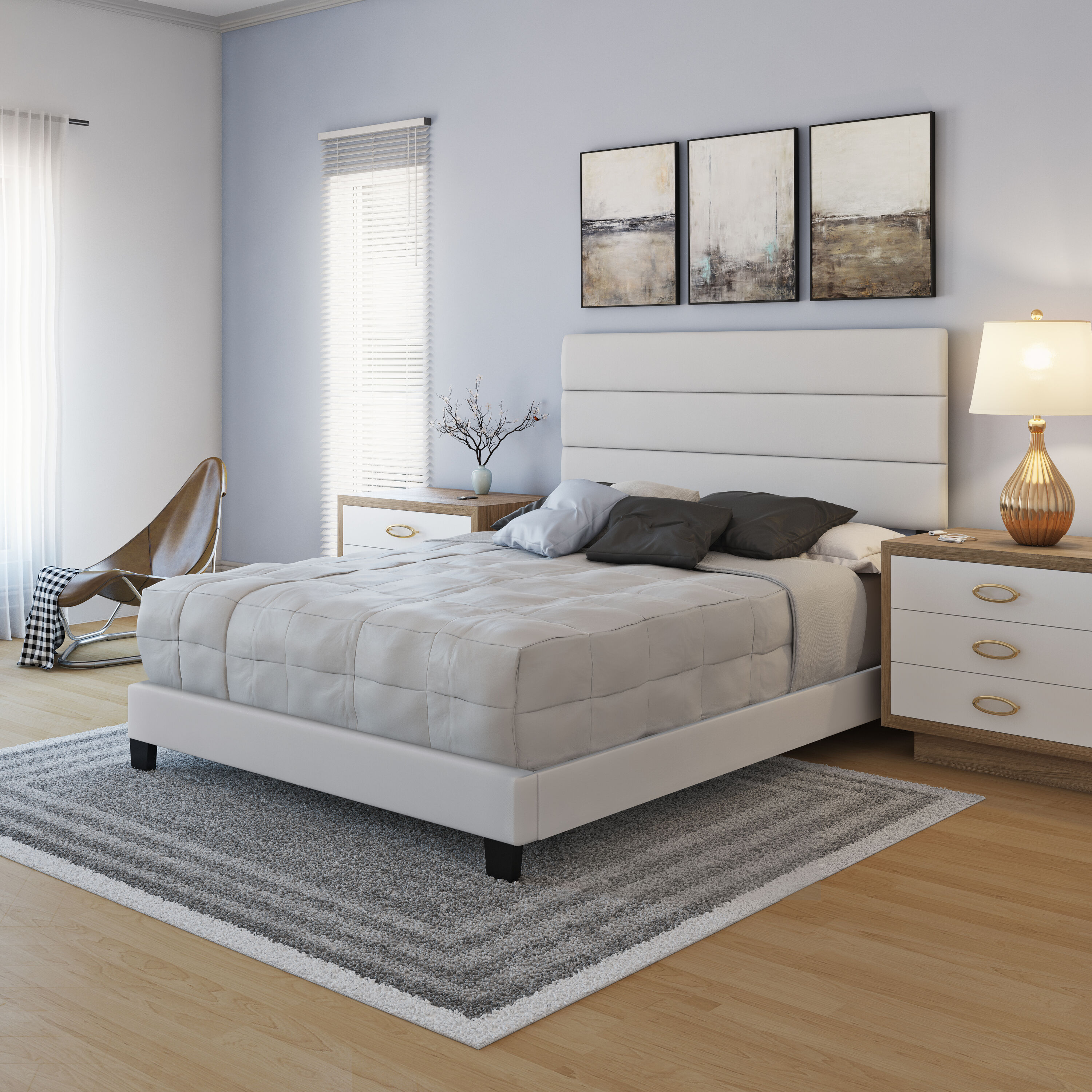 Piedmont Light Faux Leather Queen Platform Bed with Tufted Headboard
