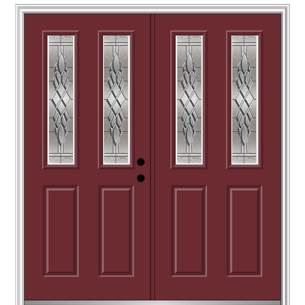 MMI DOOR ZZ366274L 60-in x 80-in x 6-9/16-in Fiberglass Twin lite Left-hand inswing Burgundy Painted Prehung Double Front Door with Brickmould Insulating core