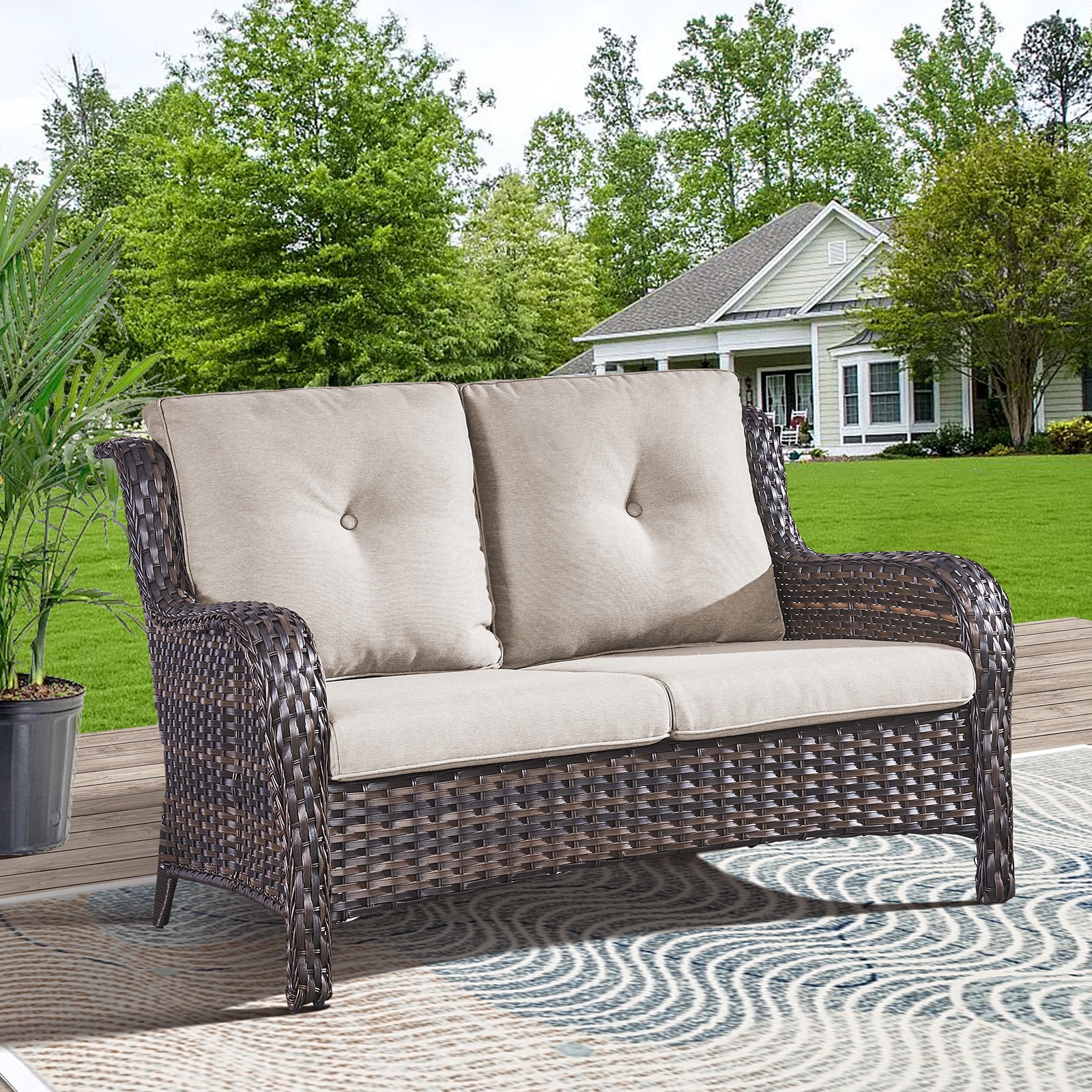  PA038-2 PACHAIRS-T Wicker Brown Steel Frame Stationary Conversation Chair with Beige Cushioned Seat