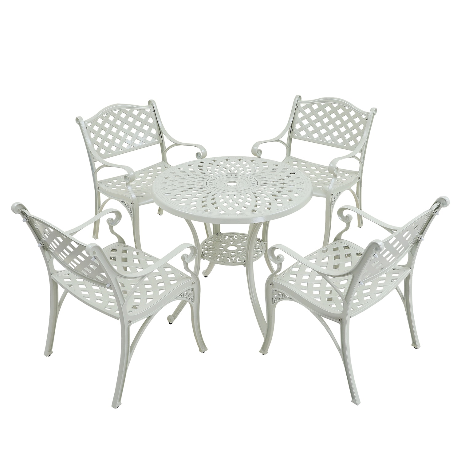 GZMR ZF6020CT-WHGZ Patio Dining Sets 5 -Piece White Patio Dining Set Aluminum Round Table with 4 Stationary Chairs