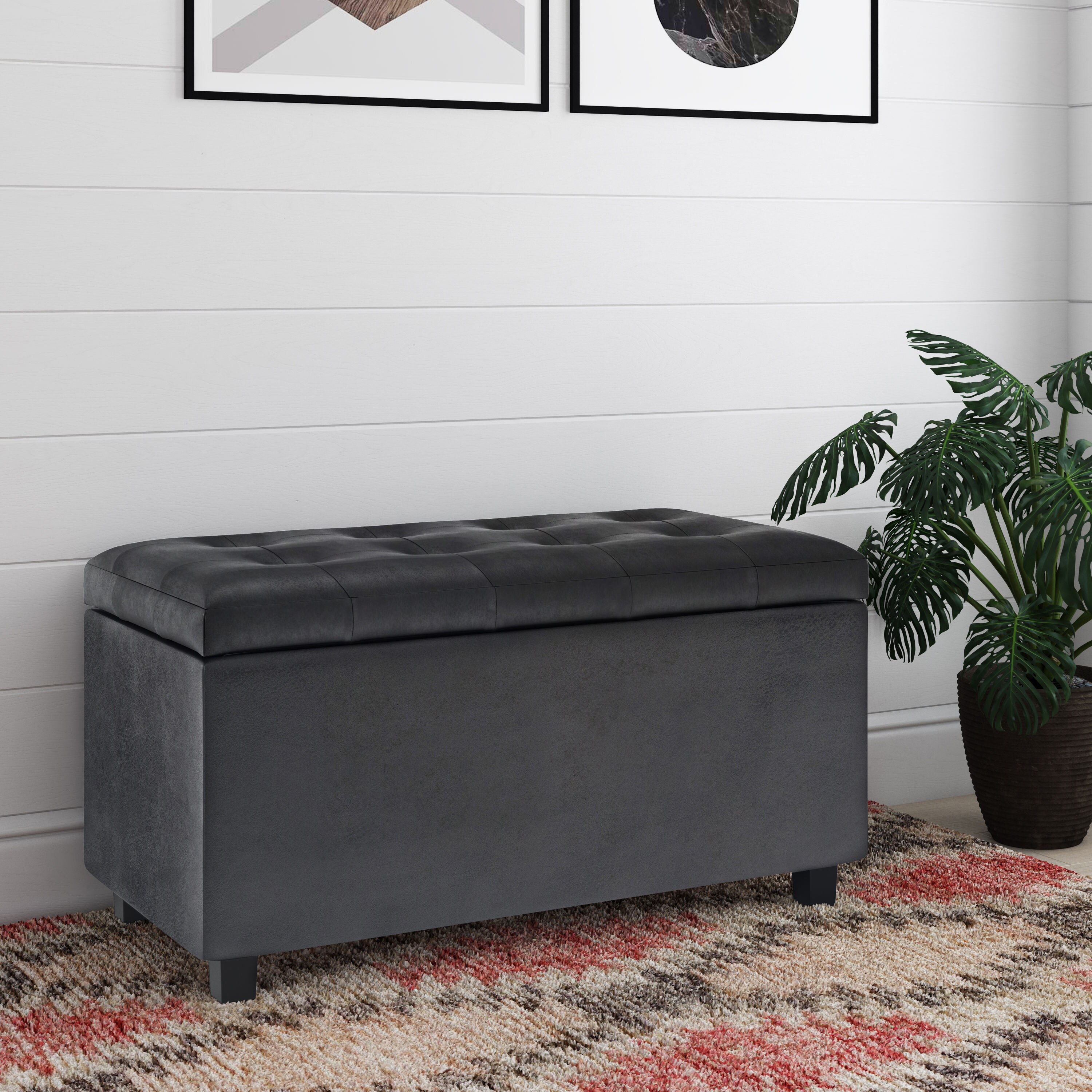 Cosmopolitan Distressed Black Tufted Footstool with Storage