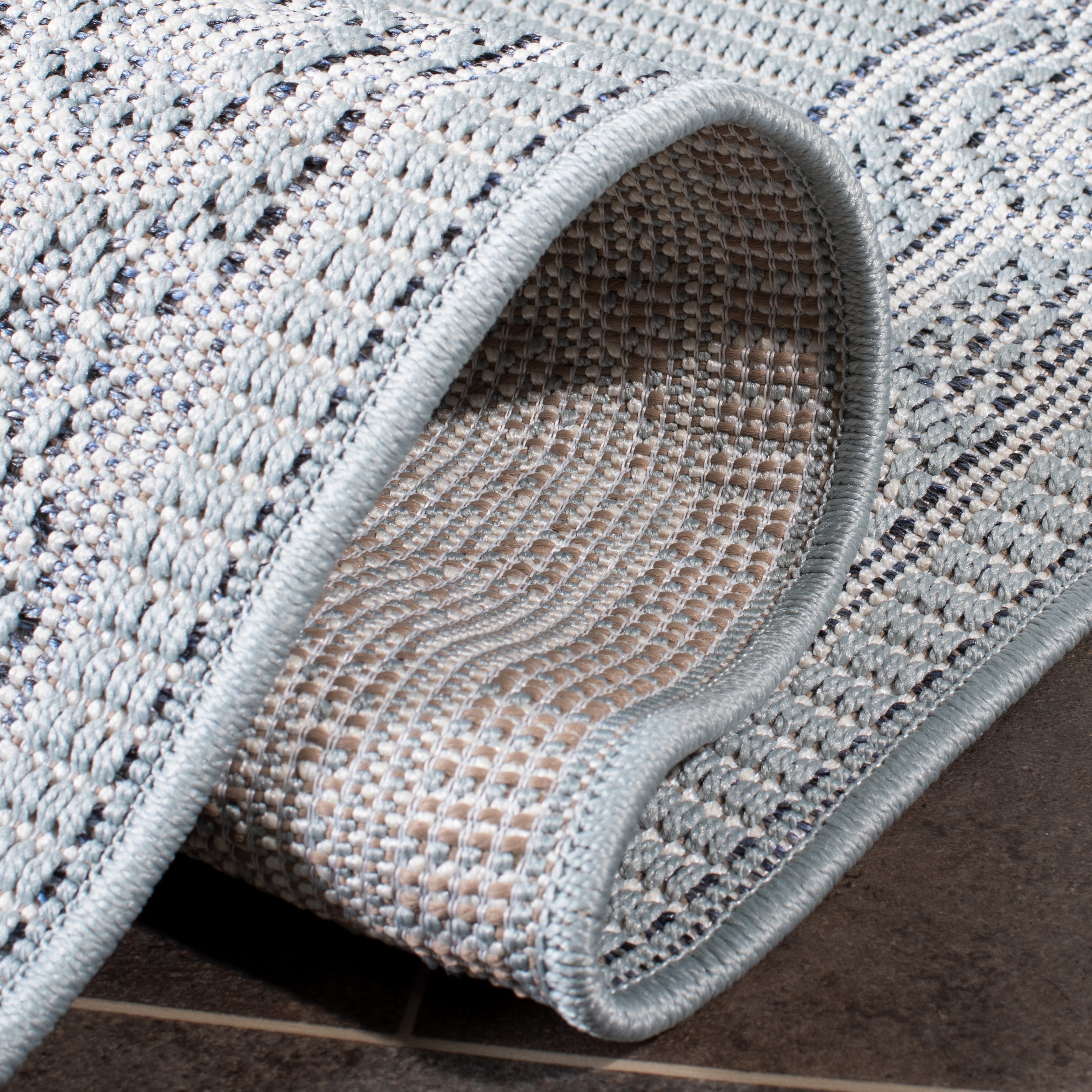 Aqua and Cream Floral Bordered Indoor/Outdoor Runner Rug