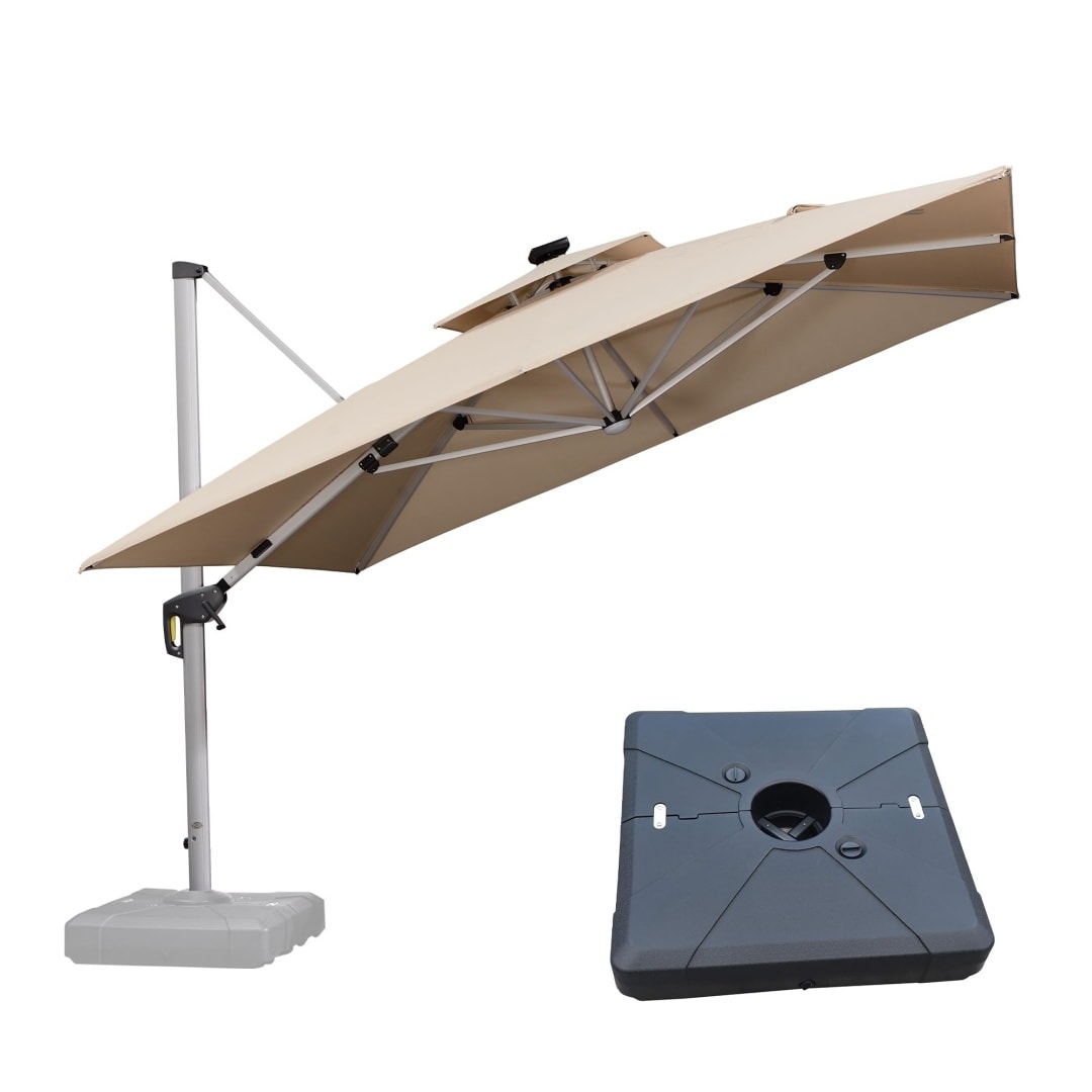 PURPLE LEAF LSGLRSDT11-KKWB 11-ft Aluminum Beige Crank Cantilever Patio Umbrella with Lights and with Base