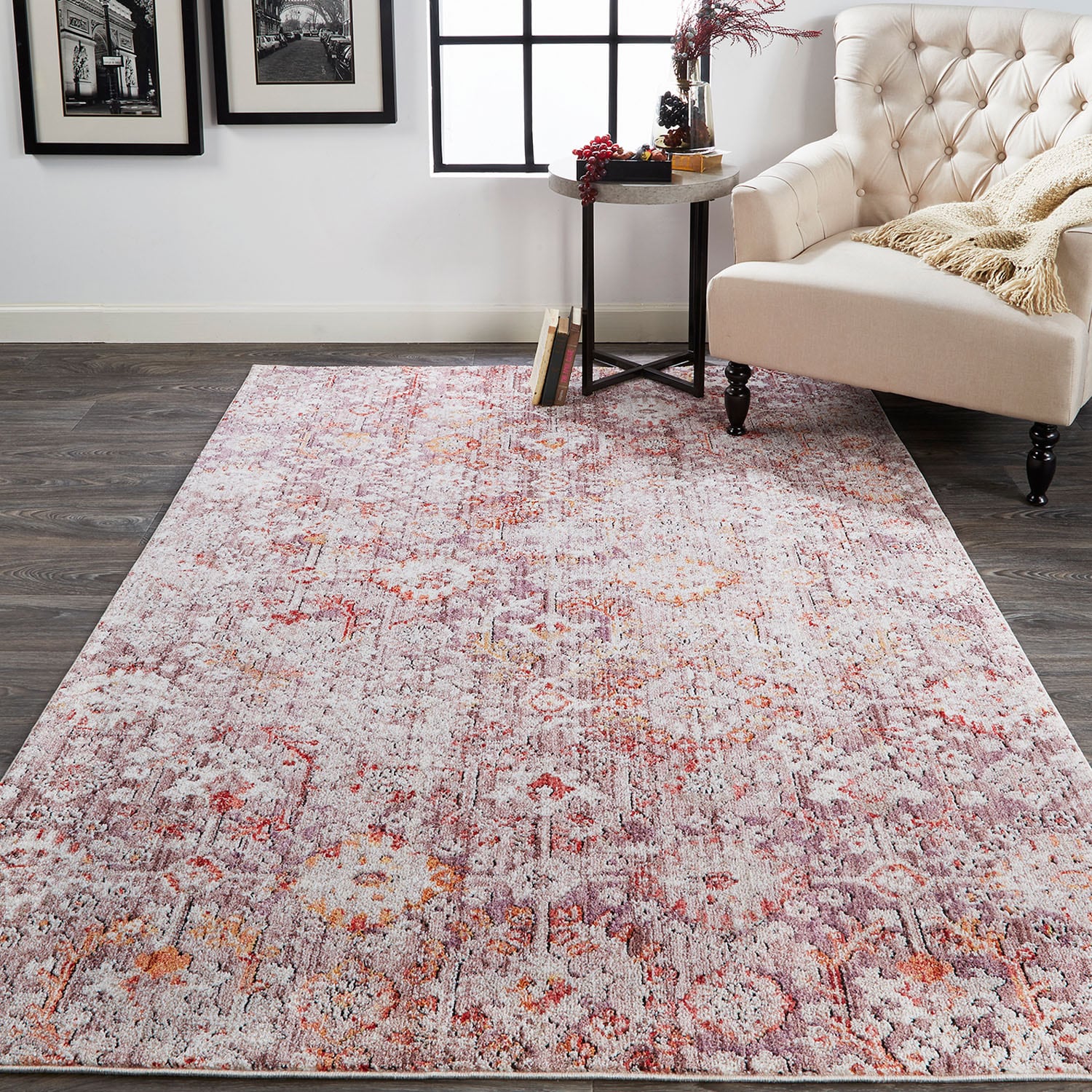 Ivory and Pink Floral Synthetic Rectangular Area Rug
