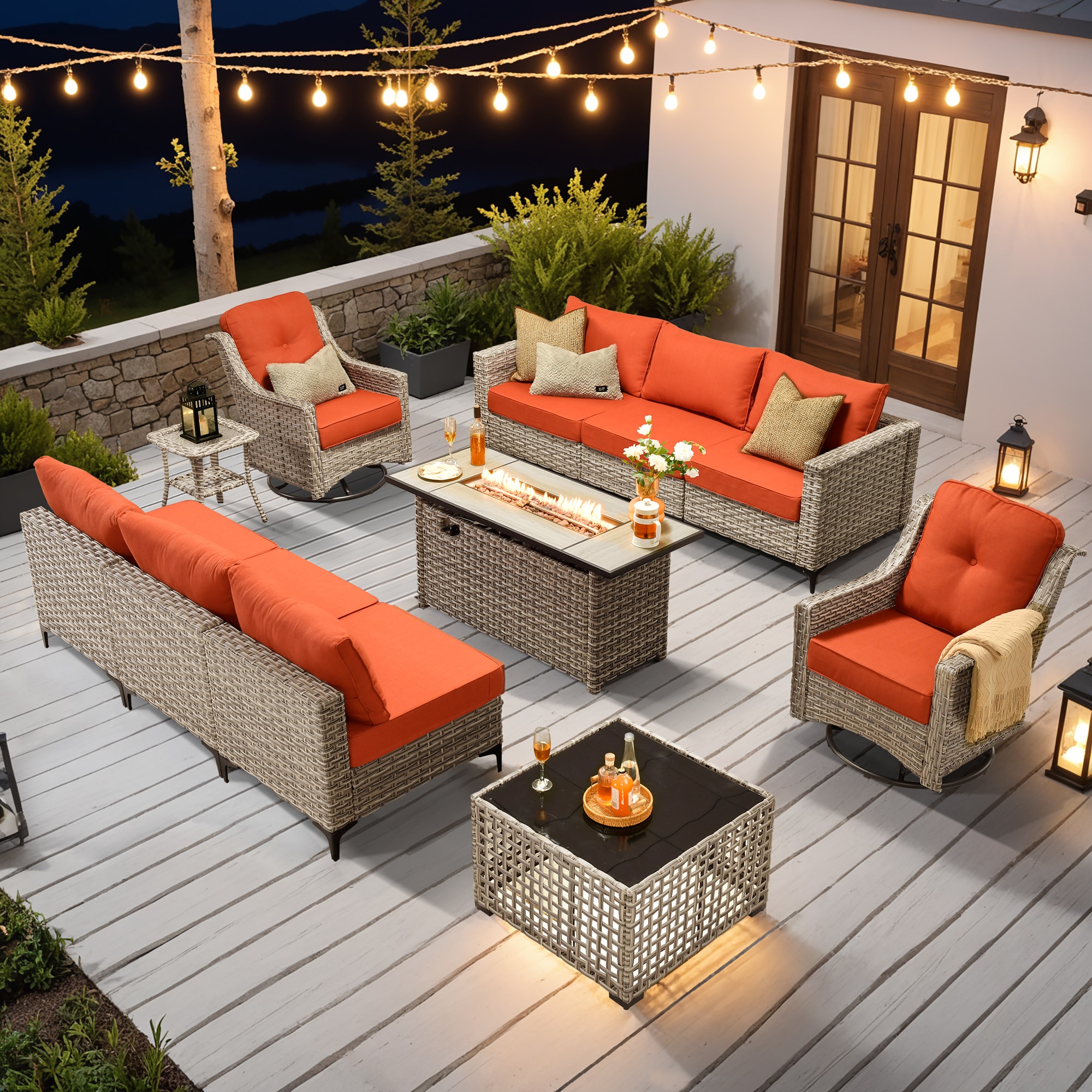Ovios RFP504-SK8C0YP 11 -Piece Rattan Patio Conversation Set with Orange Cushions