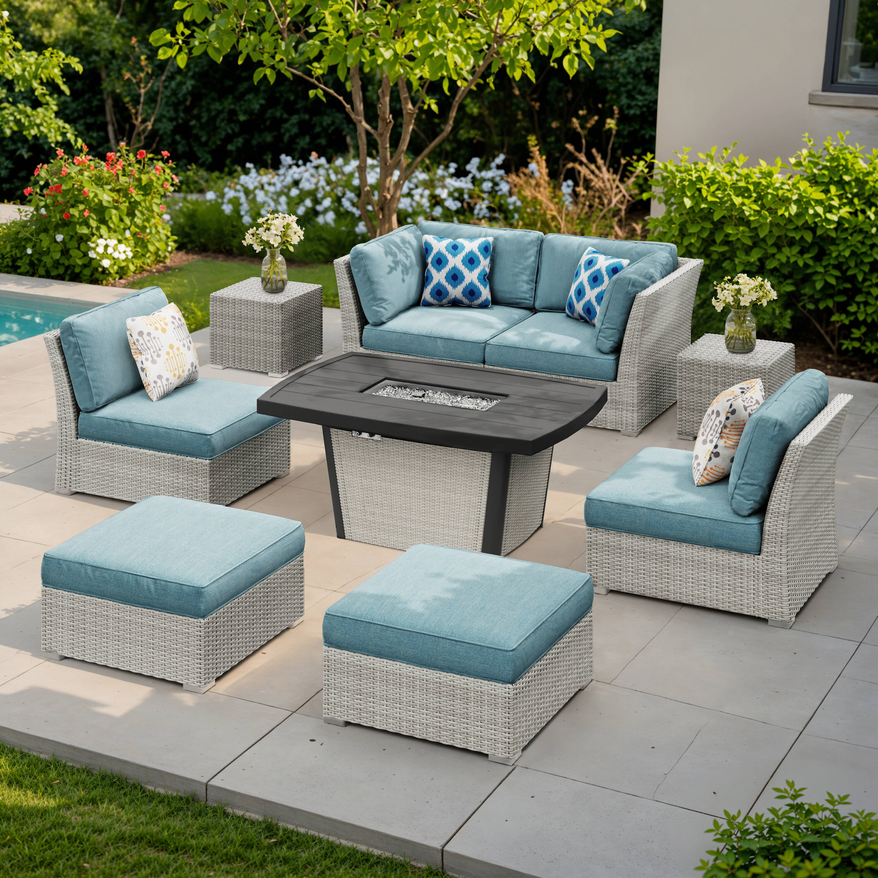 Octans SL2C00232 9 -Piece Wicker Patio Conversation Set with Blue Cushions