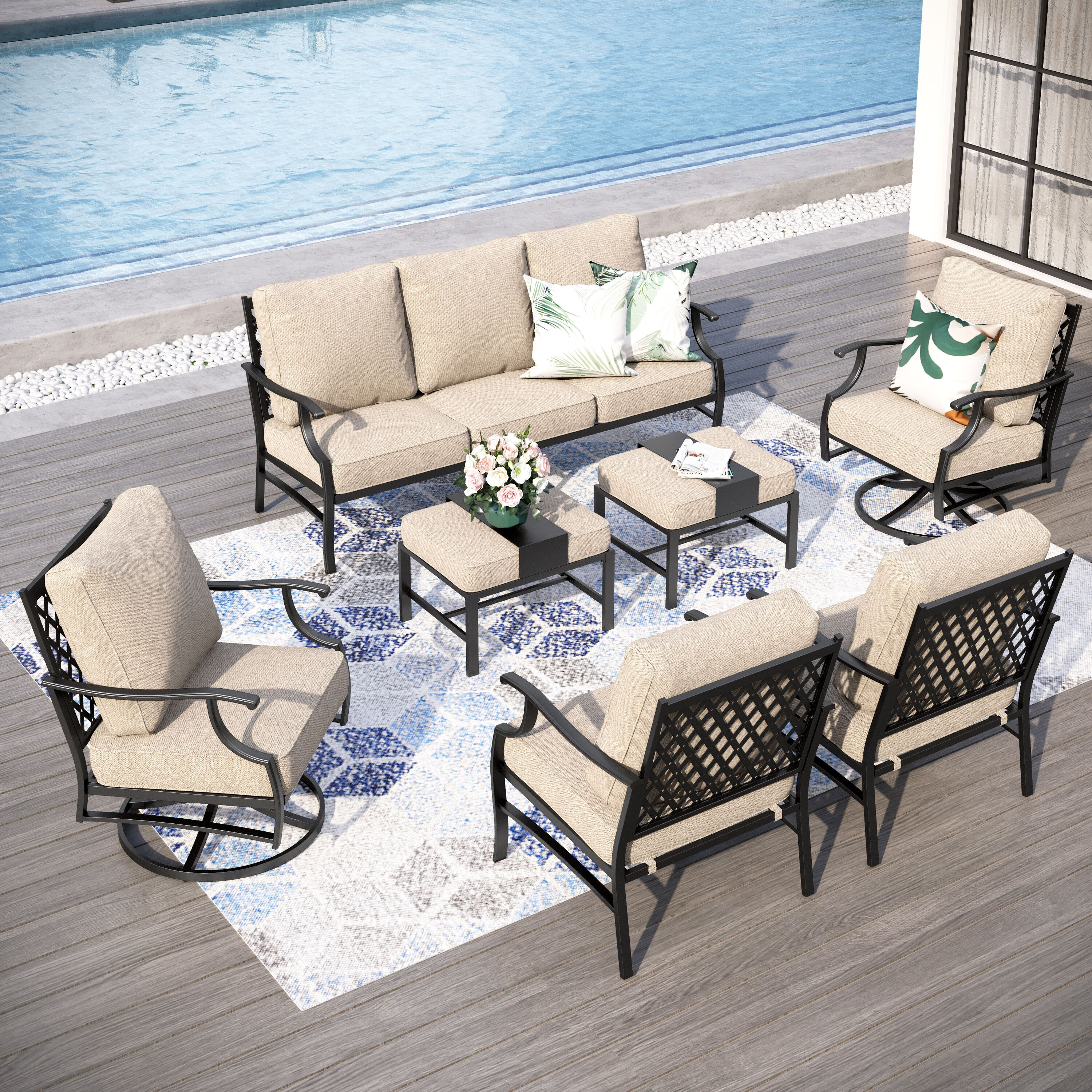 Sunshine Valley CP003-05-9-I1 Patio Conversation Sets 7 -Piece Patio Sofa Conversation Set with Tan CUSHION PRO Cushions