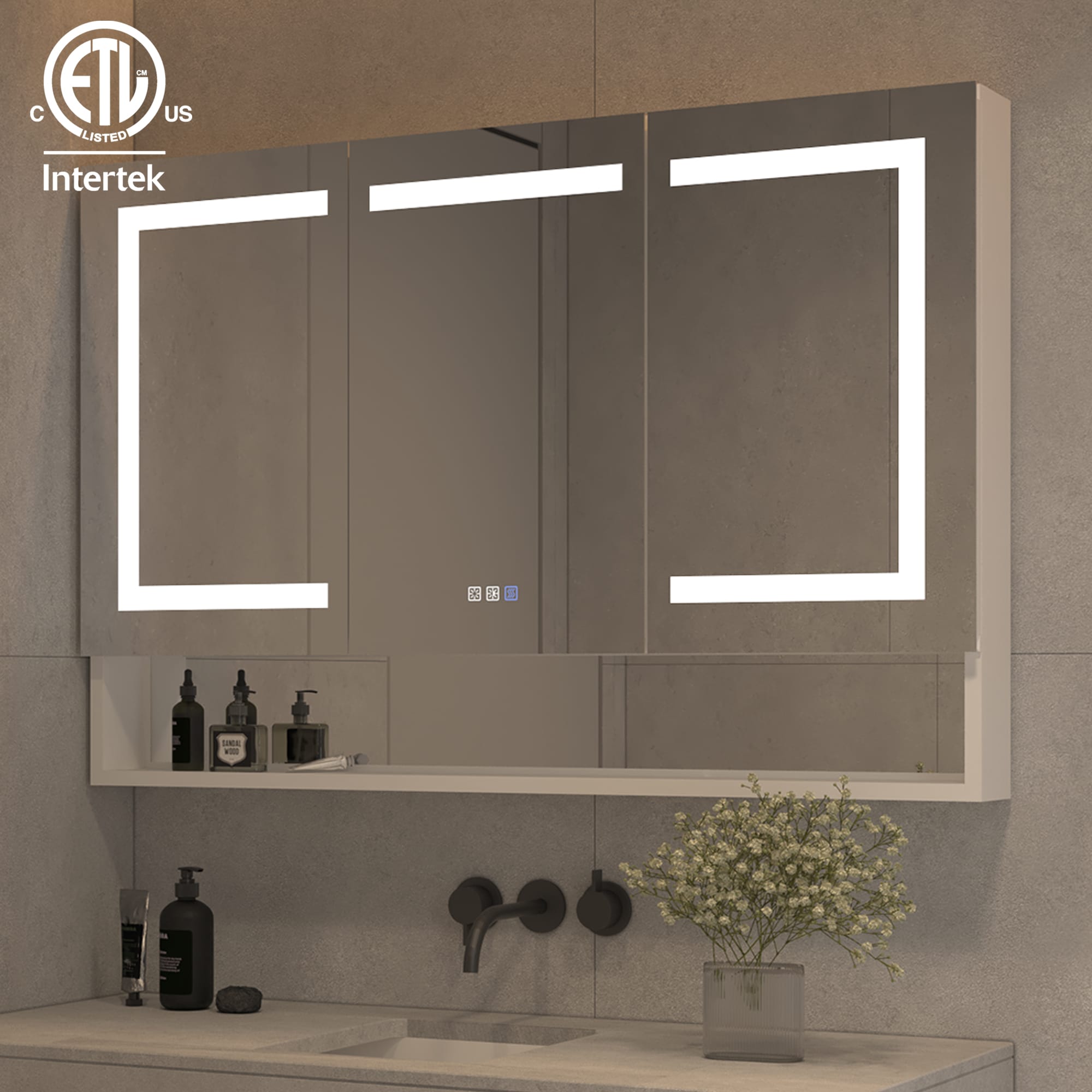 ExBrite LWSDHMC4832V5FX 48-Inches x 32-Inches Lighted LED Fog Free Surface/Recessed Mount Silver Mirrored Rectangle Soft Close Medicine Cabinet with Outlet
