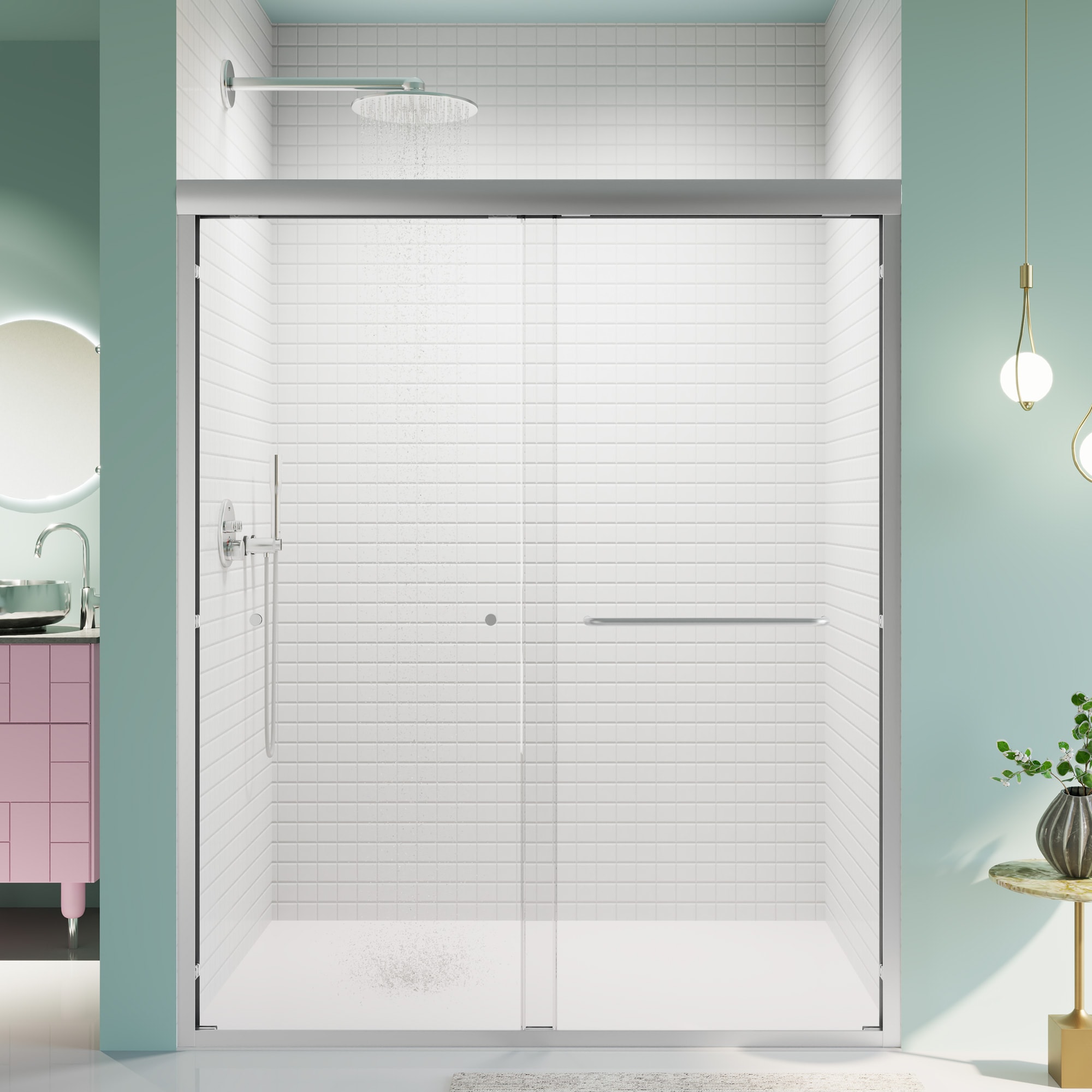 Dexmalle W1552P143497 Chrome 56-in to 60-in W x 72-in H Semi-frameless Double Sliding Shower door 1/4-in Thick Clear Tempered Glass