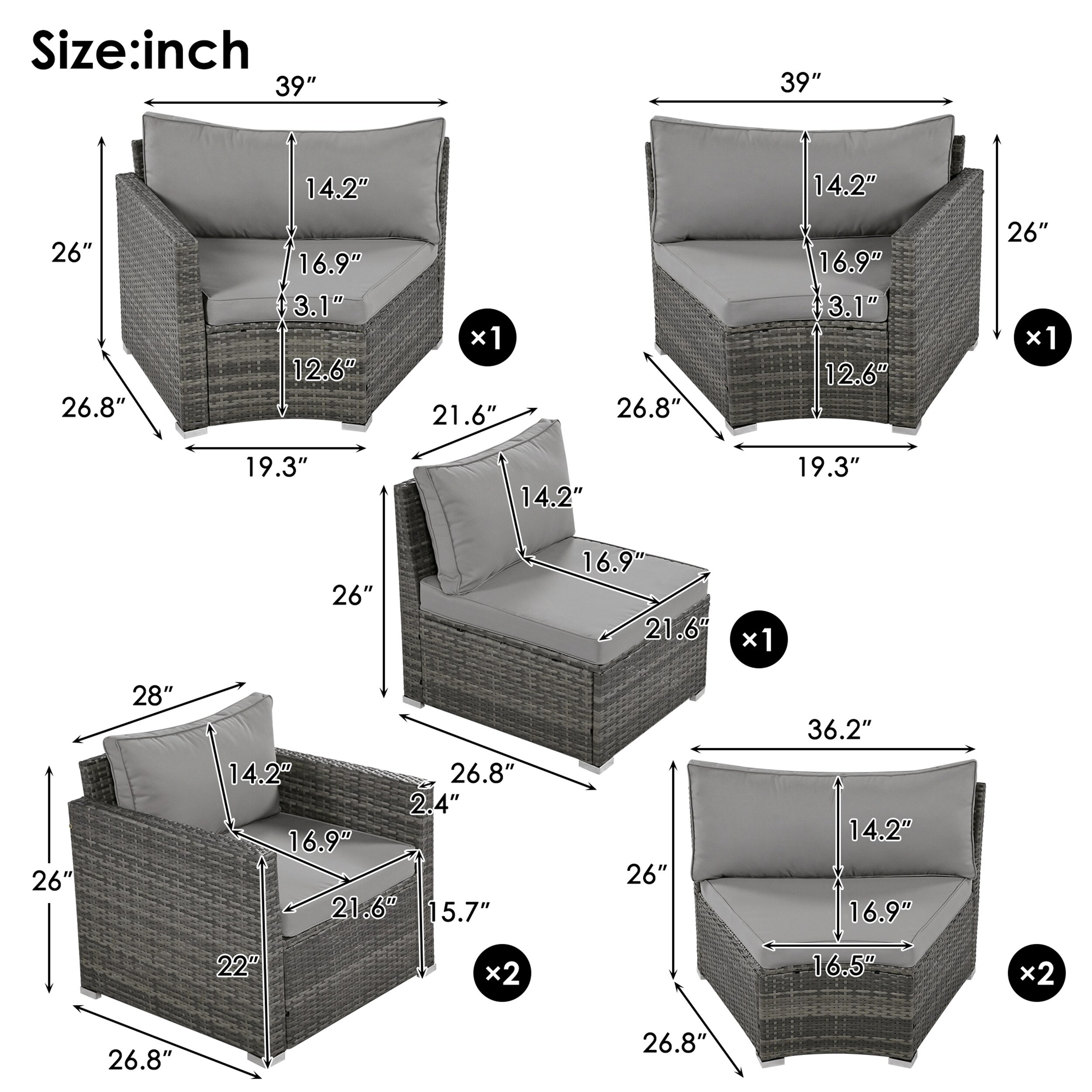 Clihome 9-Piece Wicker Patio Conversation Set with Gray Polyester ...