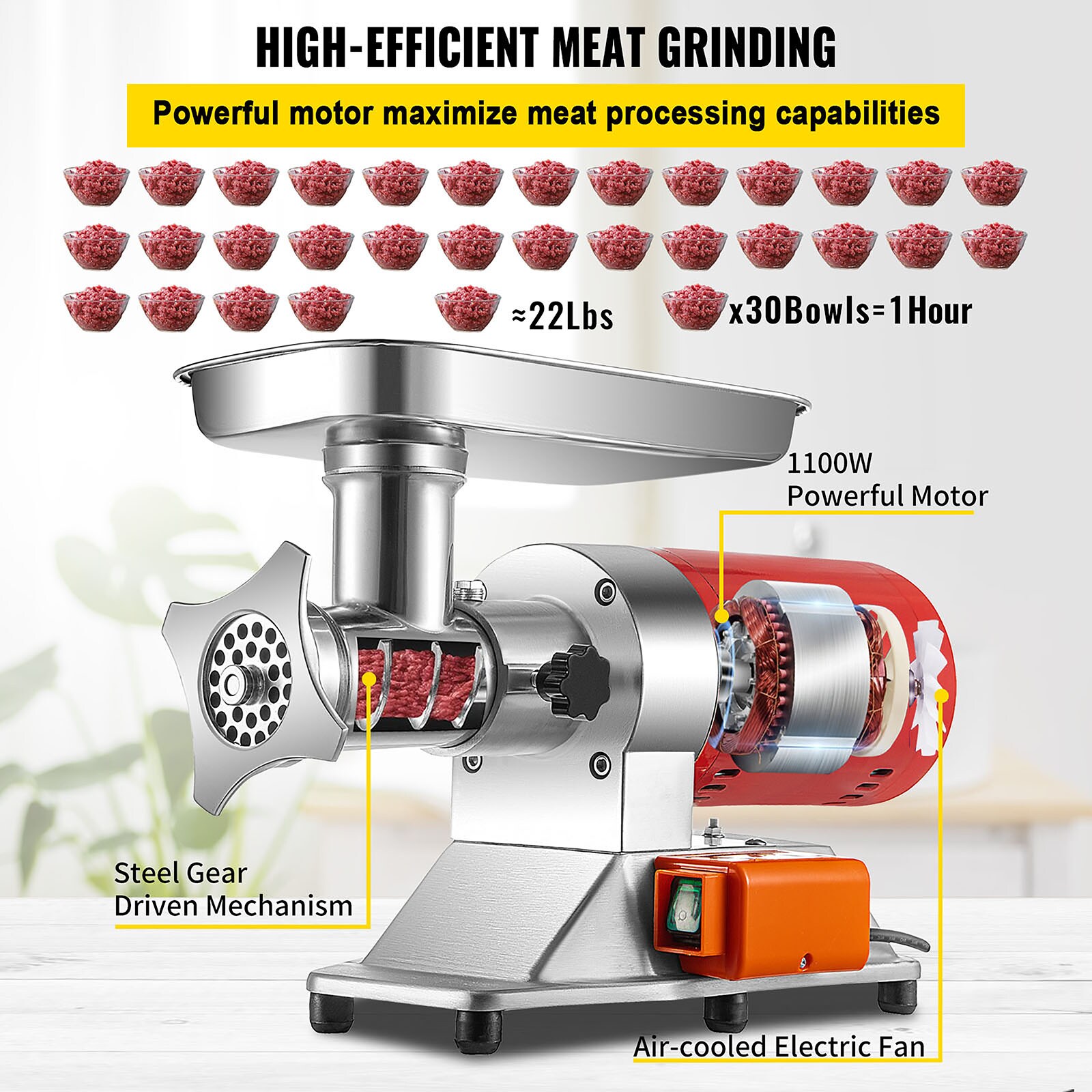 VEVOR 1100-Watt Silver Electric Meat Grinder 550 lbs./Hour