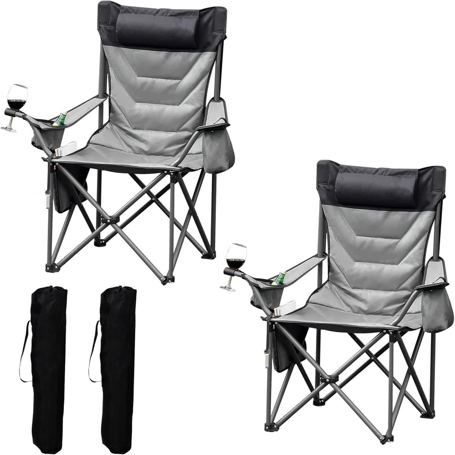 Qeetex LSHQQPSS-33A3UDUR Oversized Folding Camping Chair with Cup Holder  Cooler Bag  Side  Back Pocket  Wine Glass Holder  Bottle Opener  450 LBS Capacity  2 Pcs  Grey
