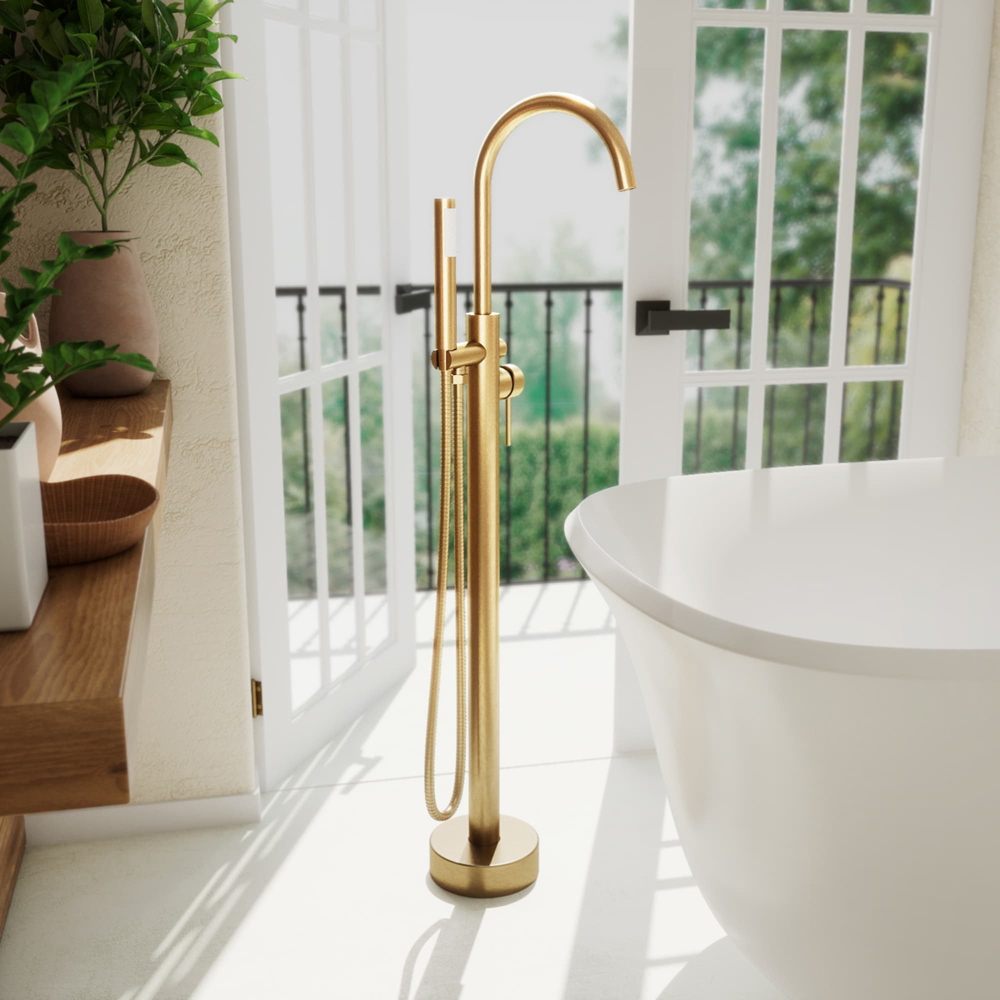 DreamLine FTHV4309X30 Havana Brushed Brass 1-handle Freestanding High-arc Bathtub Faucet with Hand Shower ( Valve Included )