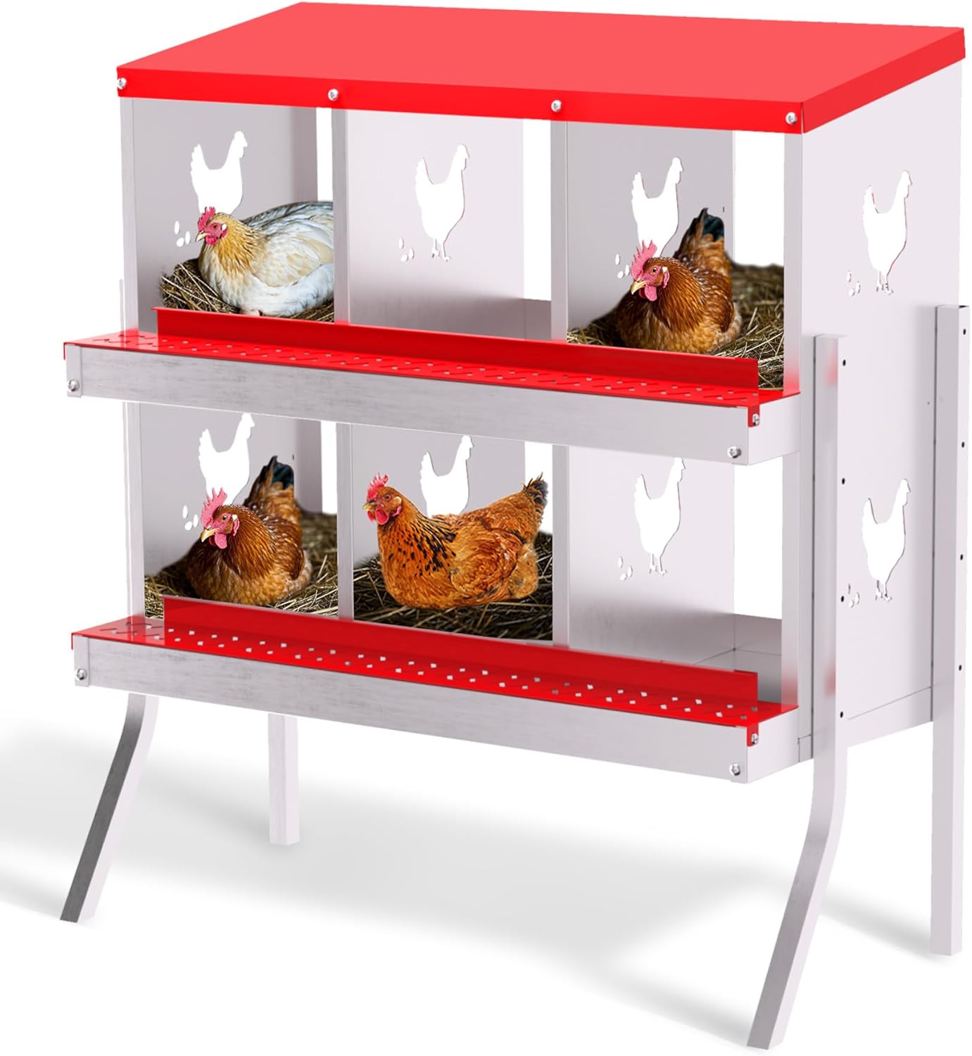 Qeetex GGL-PHO-348S5HJE 6-Hole Red With Stand Chicken Nesting Box  Chicken Nesting Box with Legs  Metal Chickens Laying Boxes with Perch  Metal Roll Away Eggs Laying Boxes  Versatile Wall Mount for Chickens