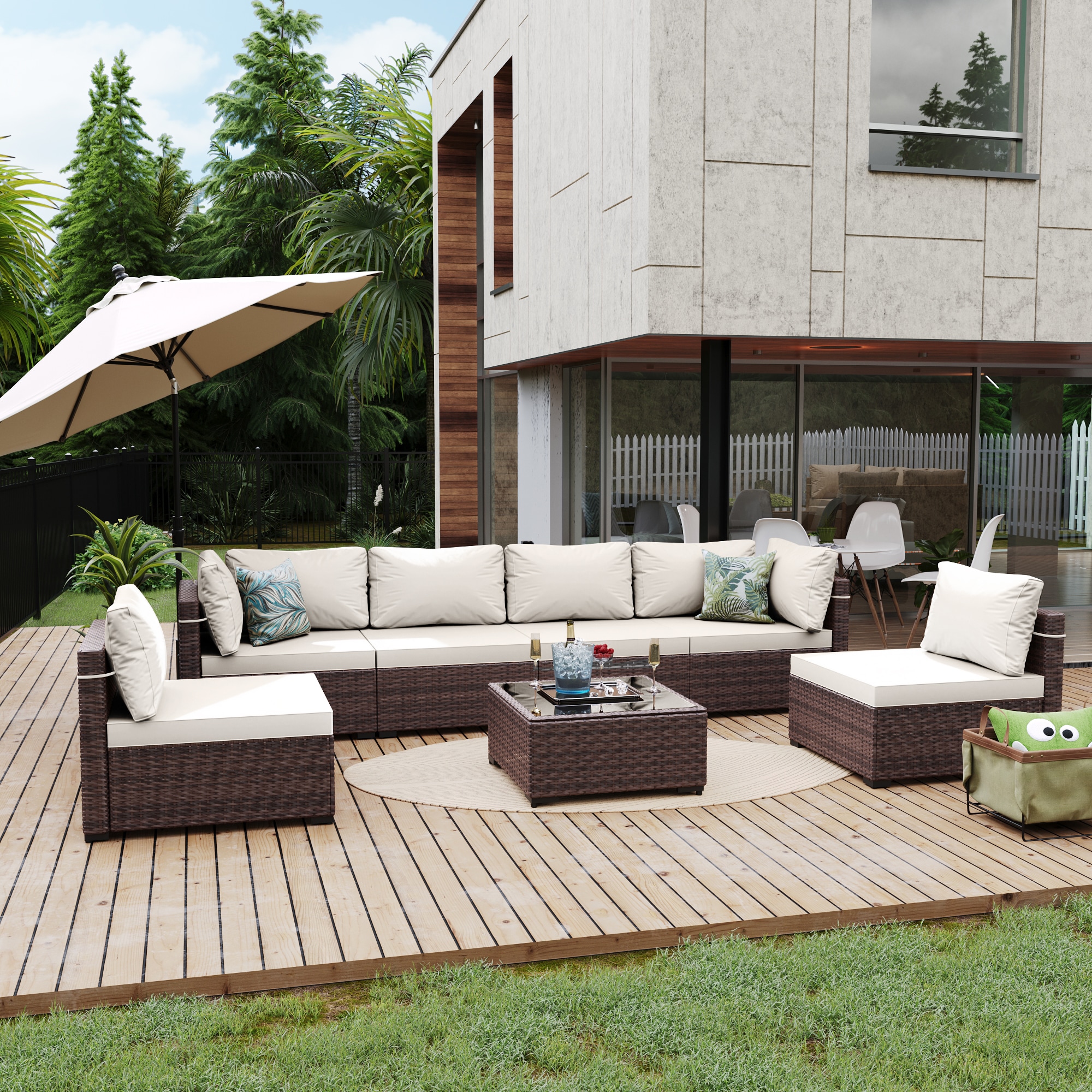 7 -Piece Wicker Patio Sofa Conversation Set with White Cushions