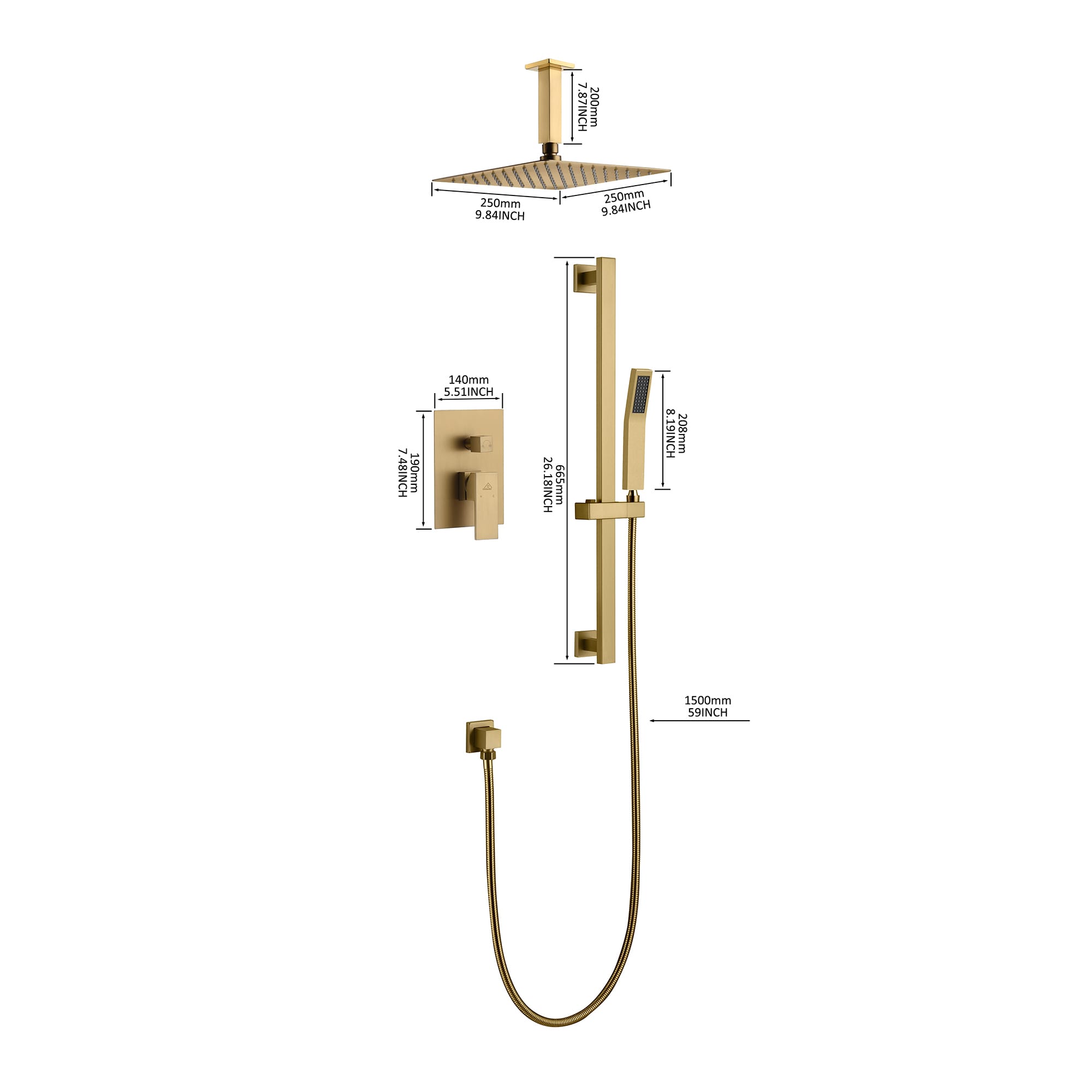 CASAINC RBLD0719 Brushed Gold 10-in Built-In Shower Faucet System with 2-way Diverter ( Pressure-balanced Valve Included )