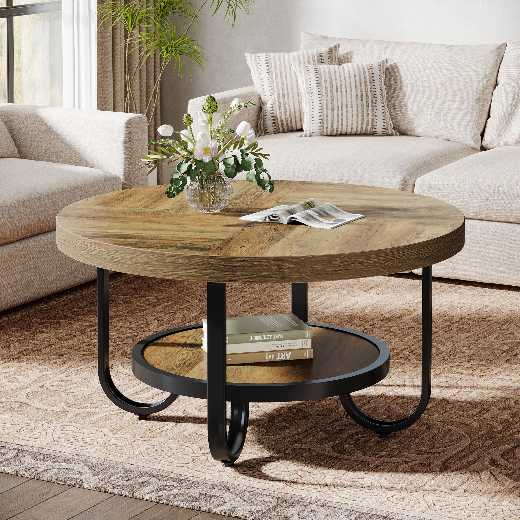 Fnova LWTJ-ZF0009 End table 32-in W x 18-in H Brown Wood Round Industrial End Table Assembly Required