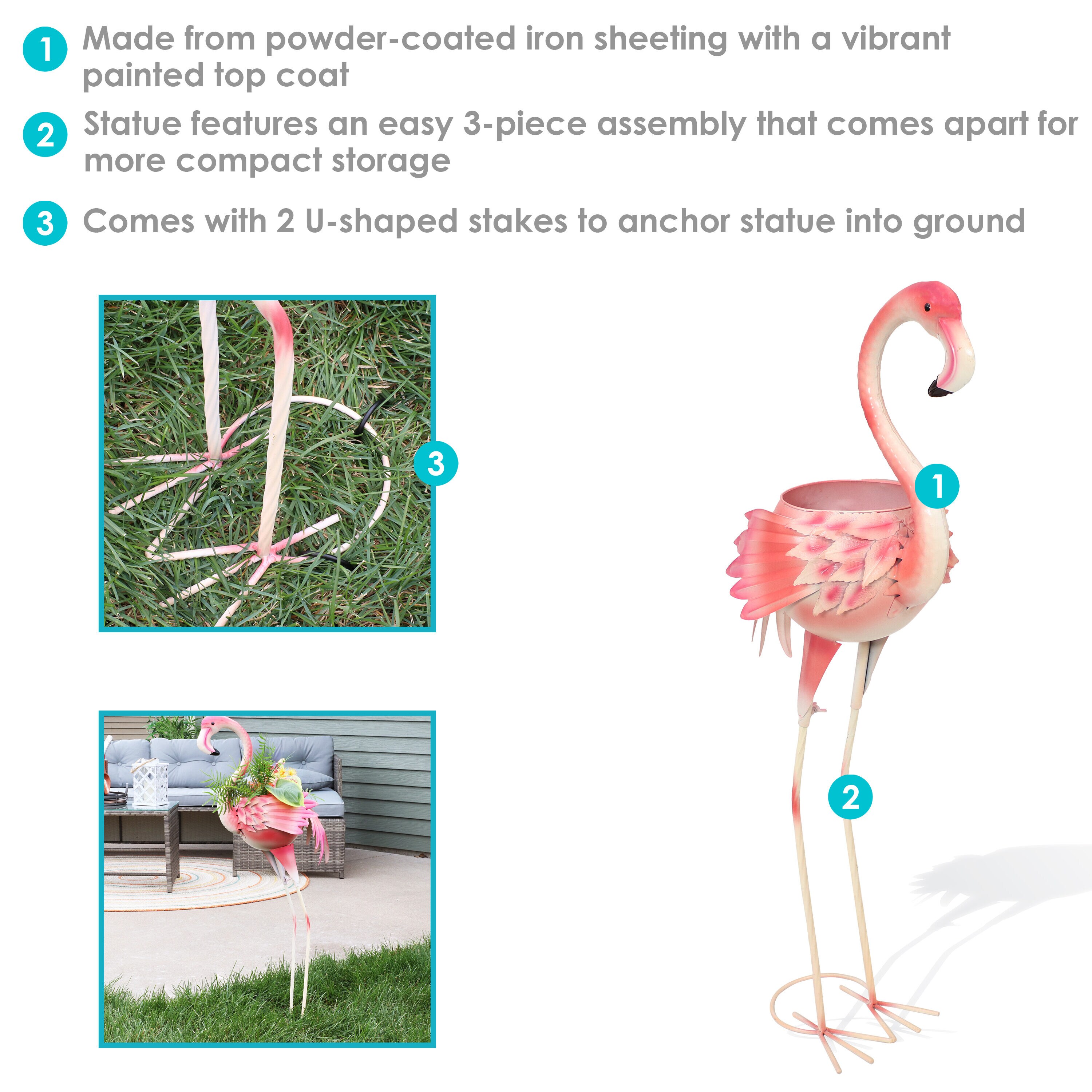 Sunnydaze 36" Pink Metal Flamingo Garden Statue with Planter