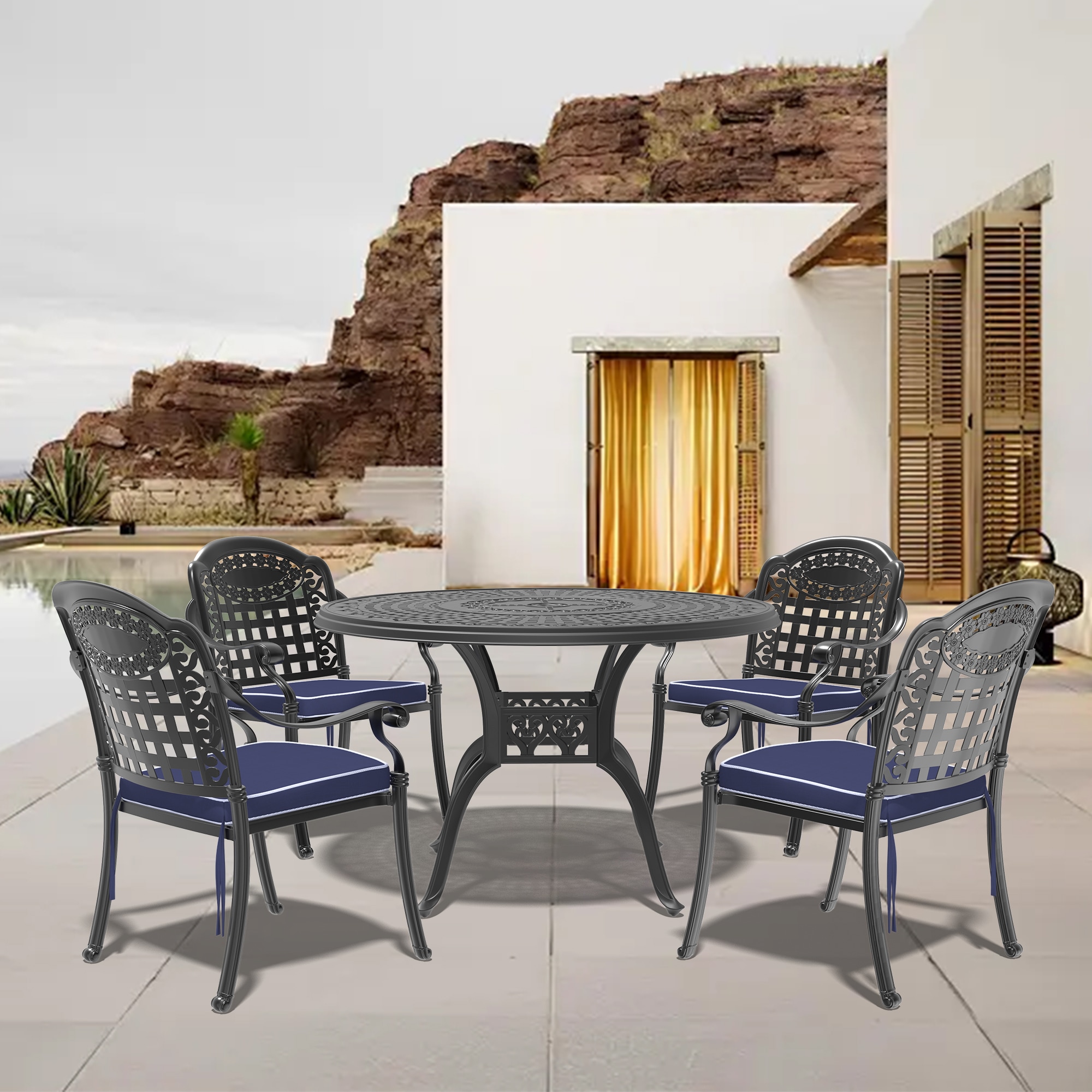 nicesure SLBK6012CZ4A1114RC 5 -Piece Black Patio Dining Set Aluminum Round Table with 4 Cushions Stackable Stationary Chairs