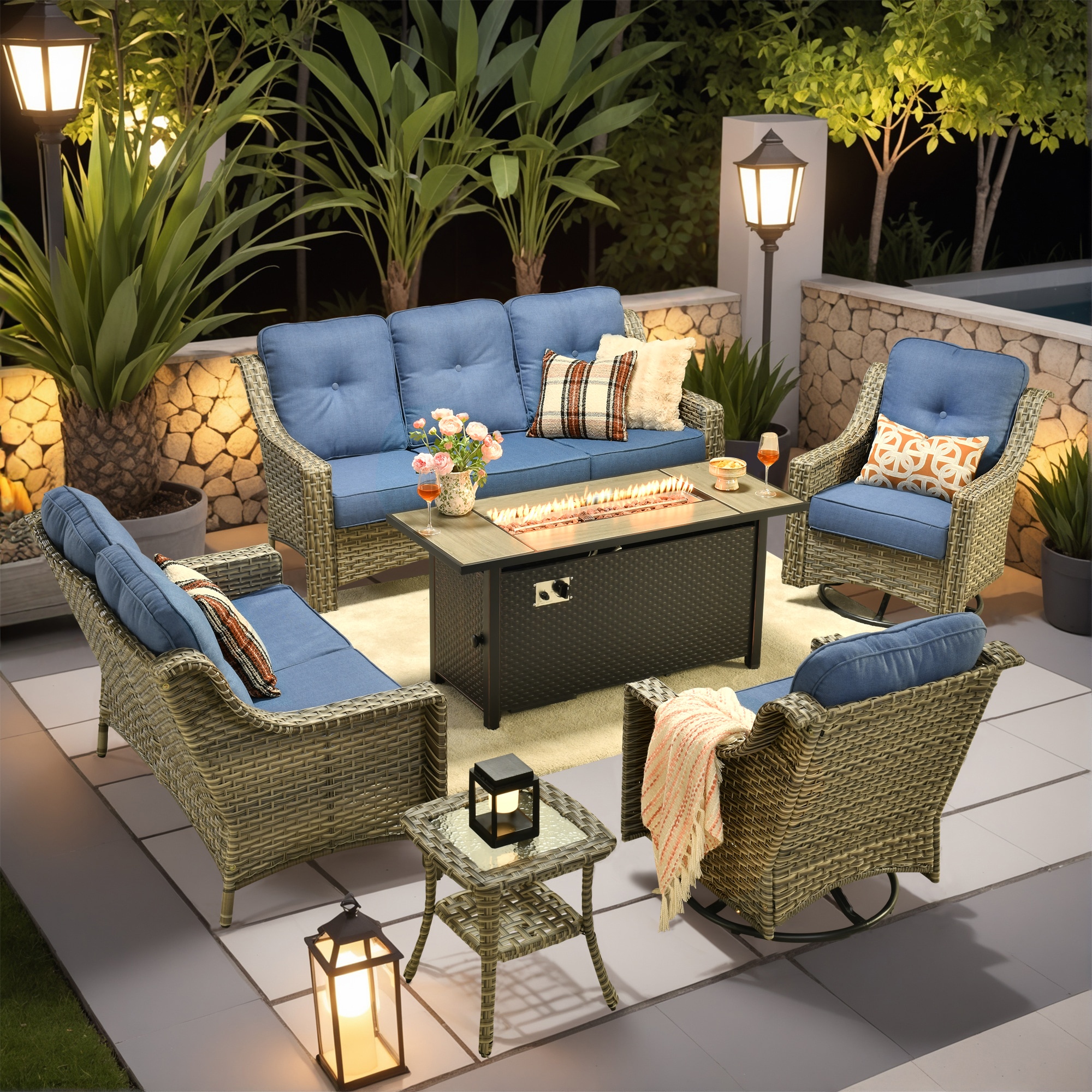 XIZZI XIPADF5055-RC3IFP54 Pyrophyllite 6 -Piece Rattan Patio Sofa Conversation Set with Blue Cushions