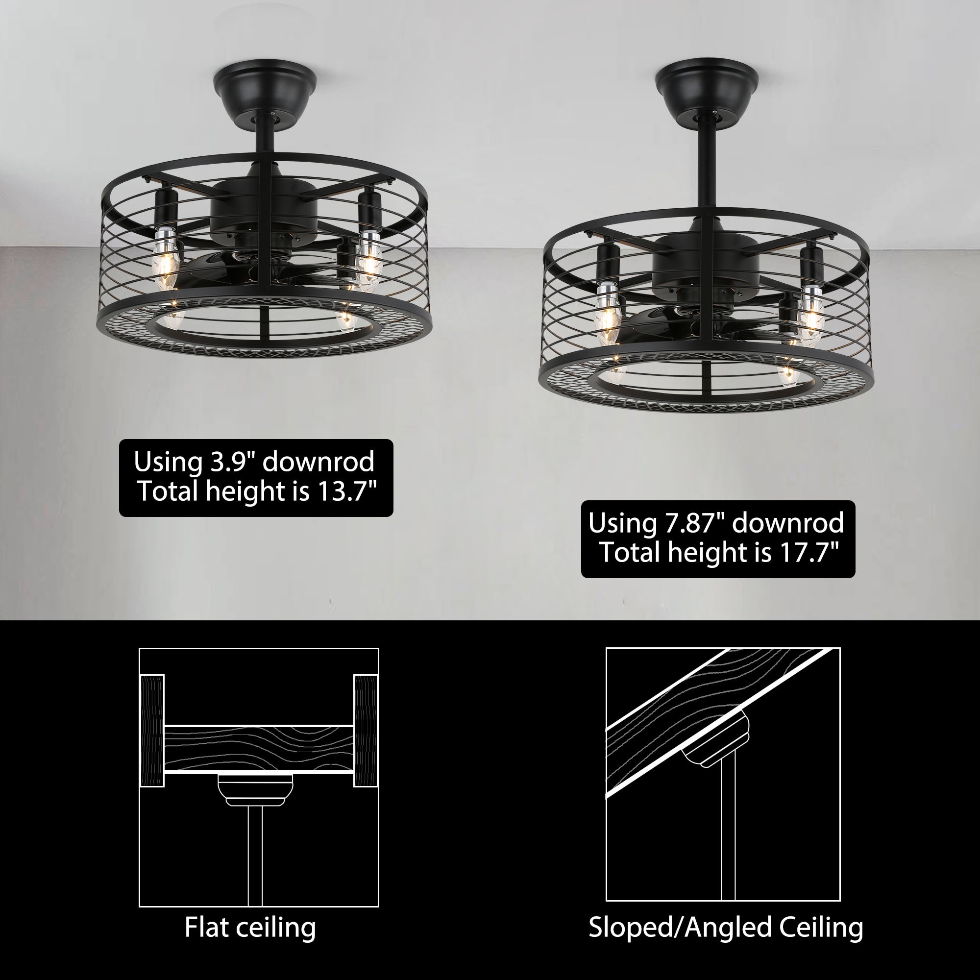 Antoine Modern Low Profile Enclosed Industrial 18-in Black Downrod or Flush  Mount Indoor Cage Ceiling Fan with Light Remote (8-Blade)