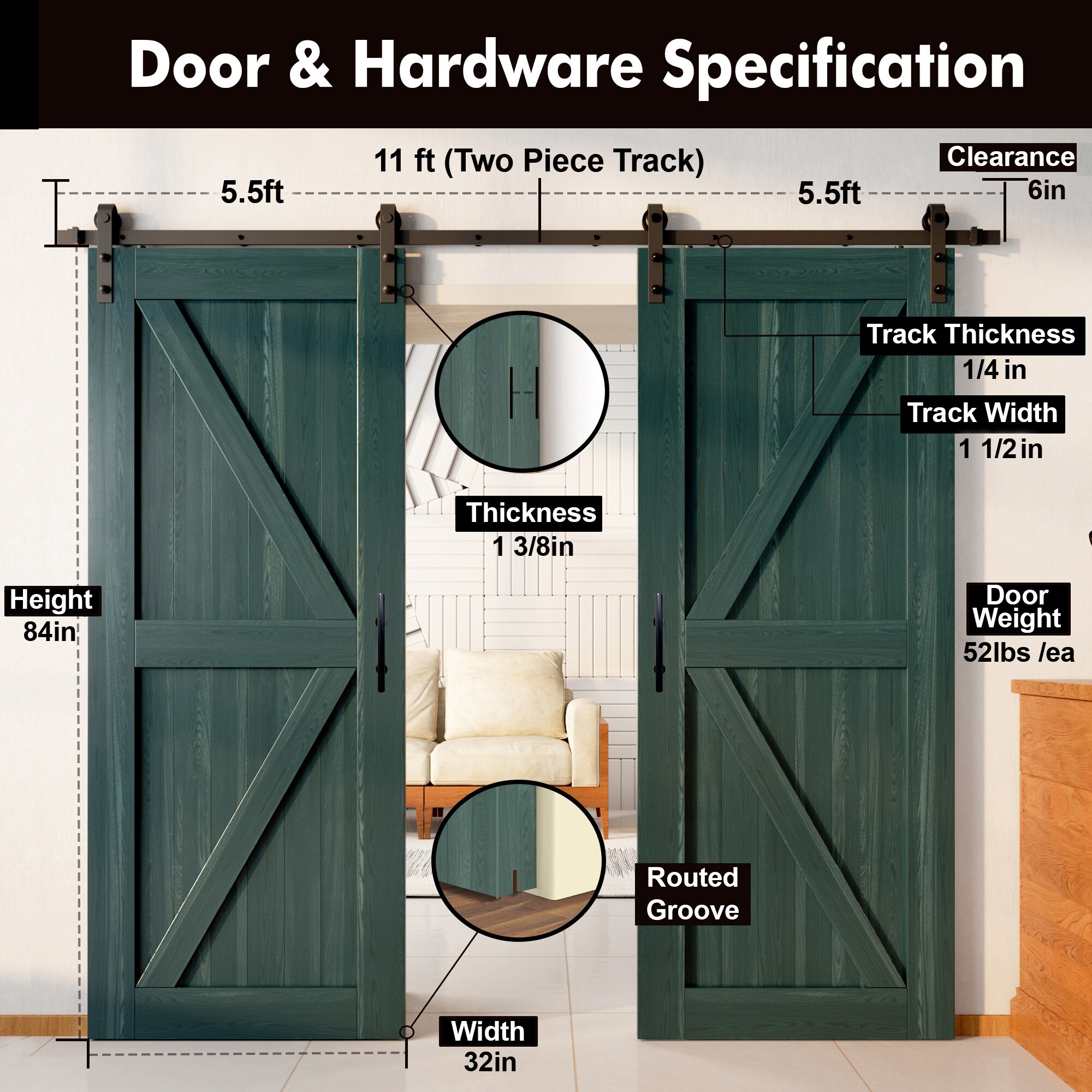 HOMACER YT2TGH132C-3284-K-RP Barn-Doors - View #7