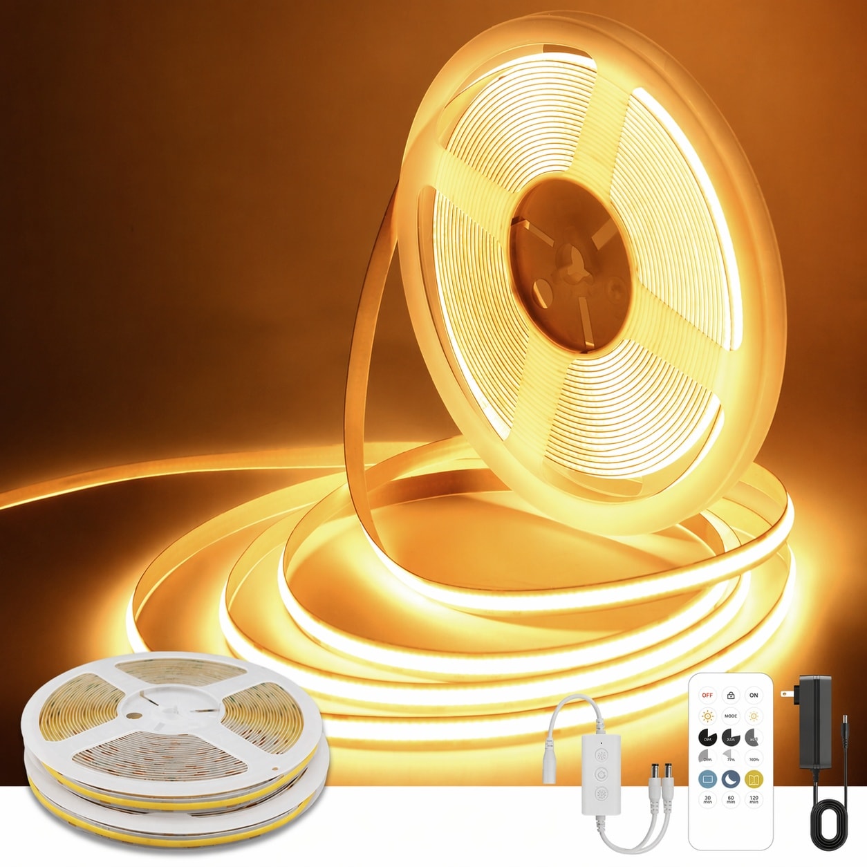 KIWDZFU COB LED Strip Lights Warm White 24V Dimmable led Light Strip KIT with Remote and app Control 2700K 65FT 20m 8mm Wide Ra 90 Cuttable #LKI0730B058