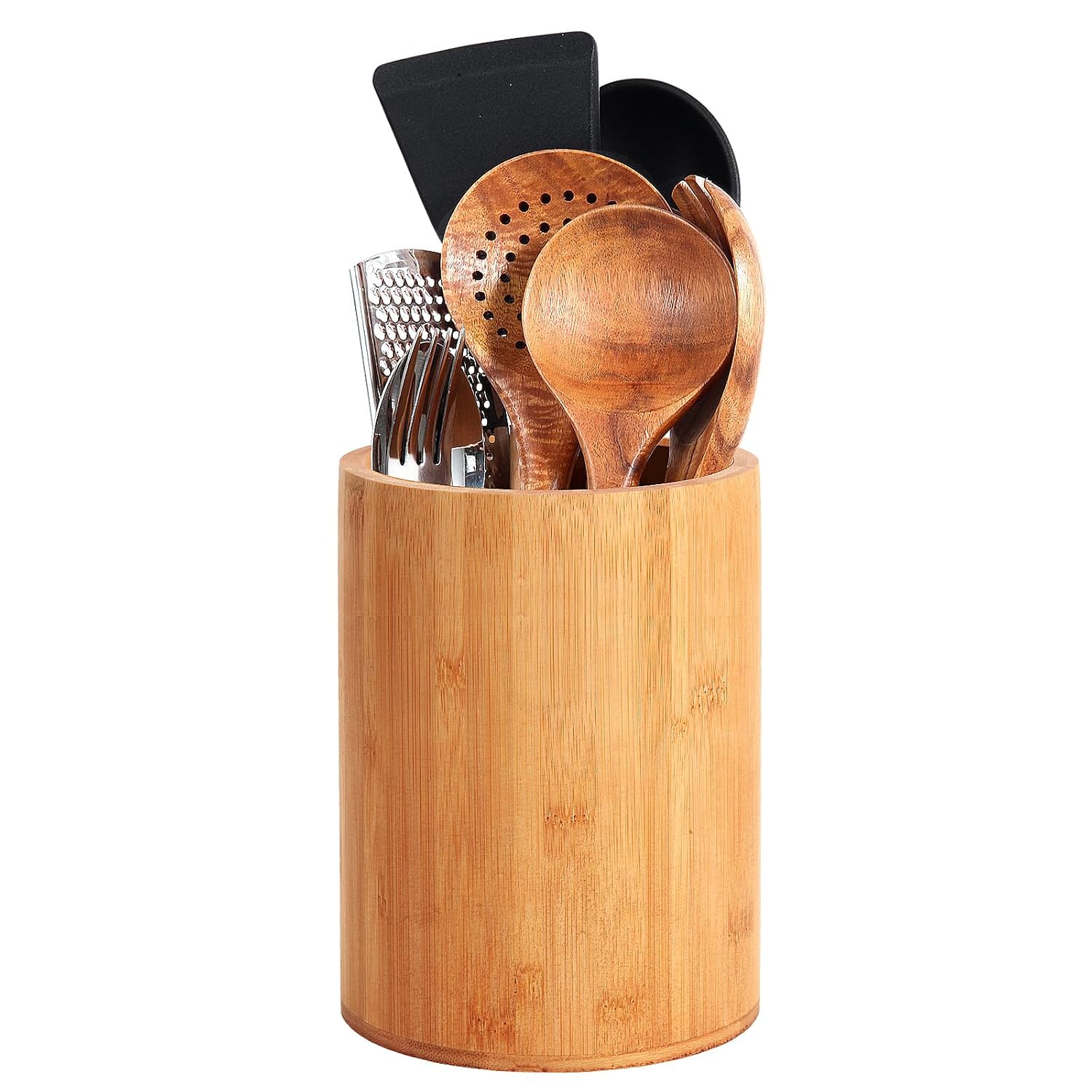 Kitstorack Bamboo Utensil Holder for Kitchen Counter 6-in Tall Round Countertop Organizer for Spatulas Spoons Knives and Flatware