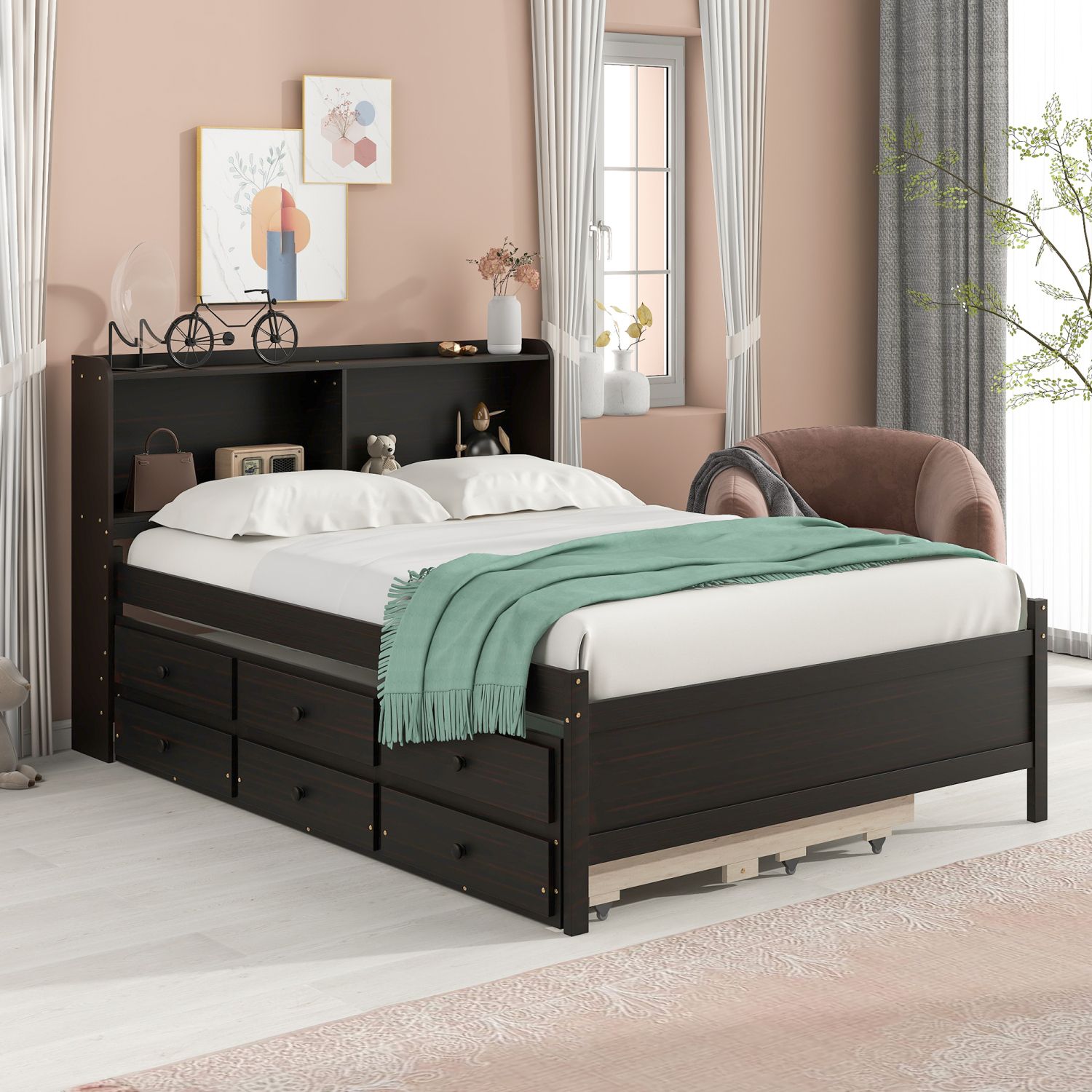 JASMODER W504S00049 Espresso Full Composite Platform Bed with Storage