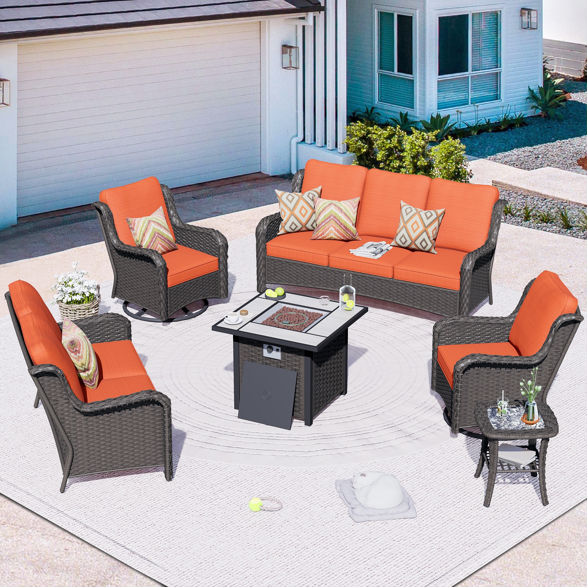 Pouuin SFPYZNTC805 5 -Piece Wicker Patio Sofa Conversation Set with Orange Cushions
