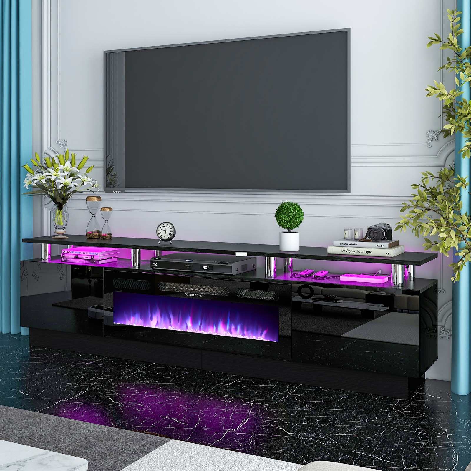 AOXUN 80-in W Black TV Stand with LED Electric Fireplace H21014BK-80+H20023 Sansujyuku sansujyuku.com