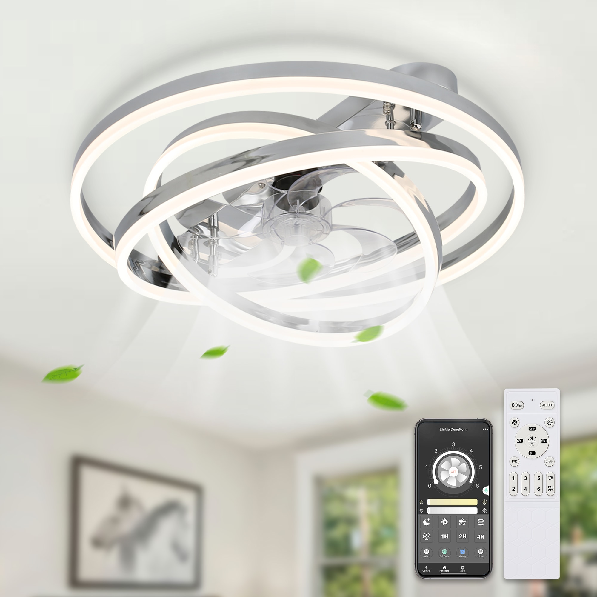 Bella Depot WSFSD2401-C 24-in Color-Changing Integrated LED Flush Mount Chrome with Clear Blades Fandelier - Remote Included ( 7 -Blade )