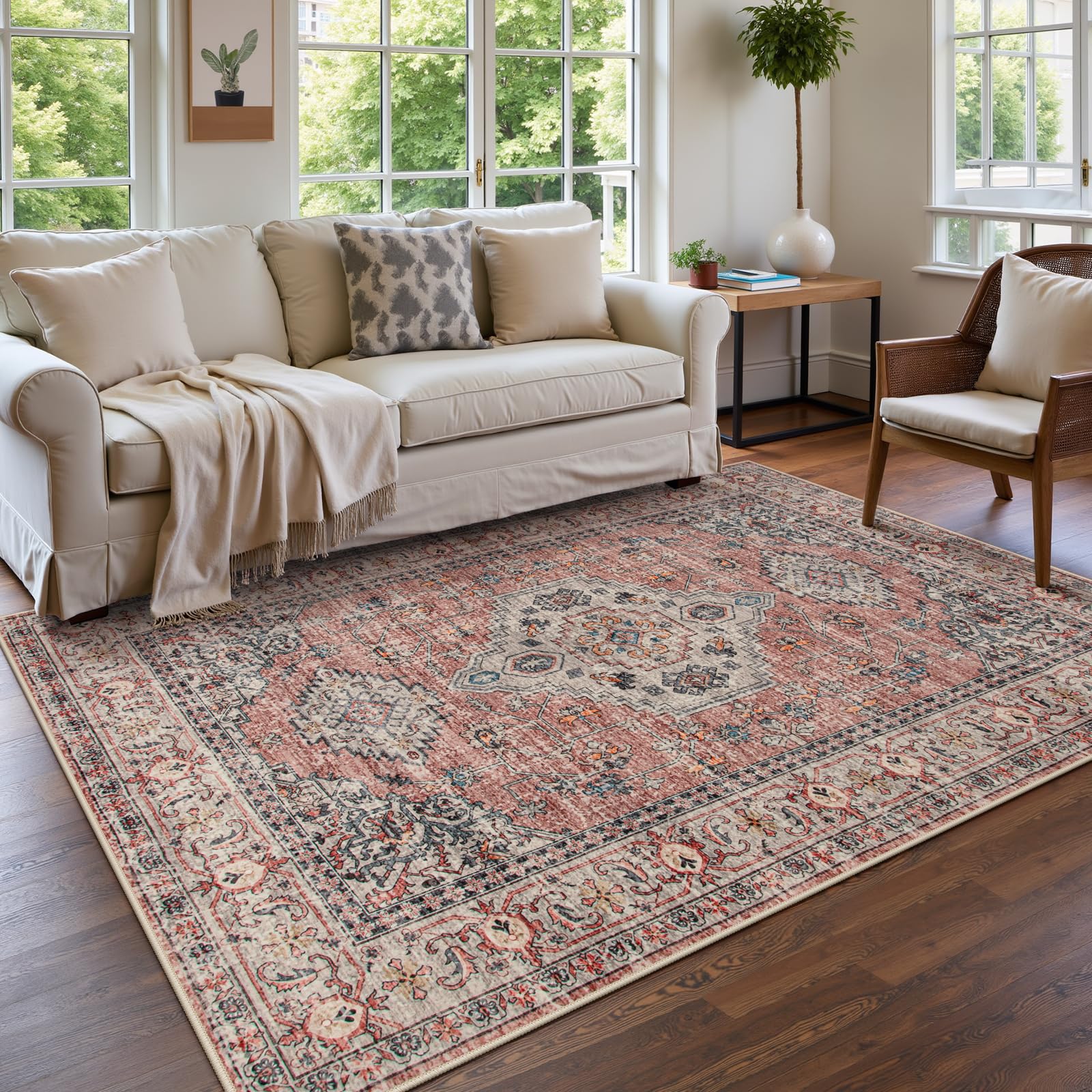 Lahome AR-DYR-071-K2 5 x 7 (ft) Khaki Persian Medallion Short Pile Velvet Rectangular Indoor Area Rug