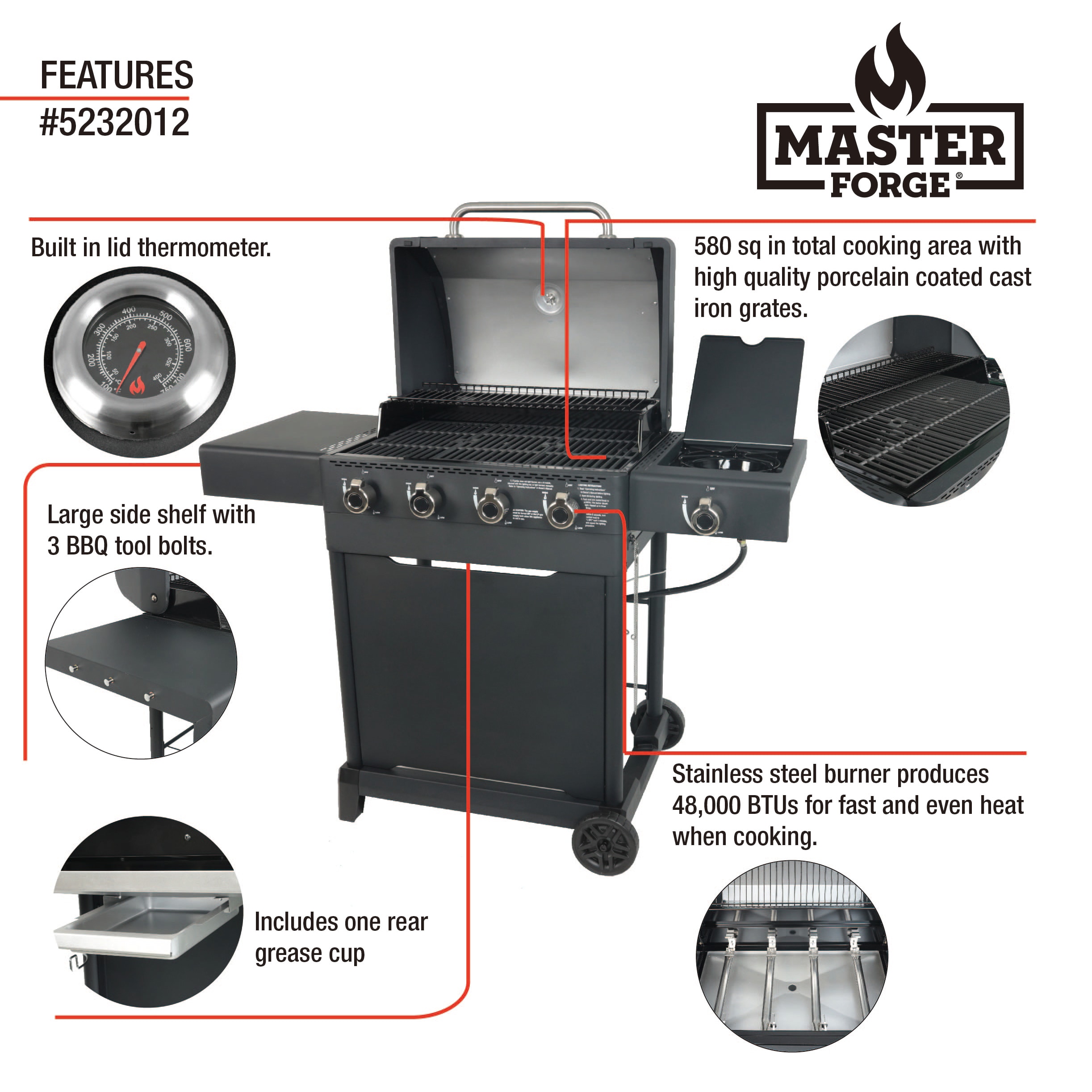 Master Black 4Burner Liquid Propane Gas Grill with 1 Side Burner