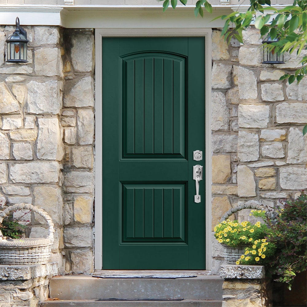 Masonite 1218287 36-in x 80-in x 4-9/16-in Fiberglass No glass Left-hand inswing Evergreen Painted Prehung Front Door with Brickmould Insulating core