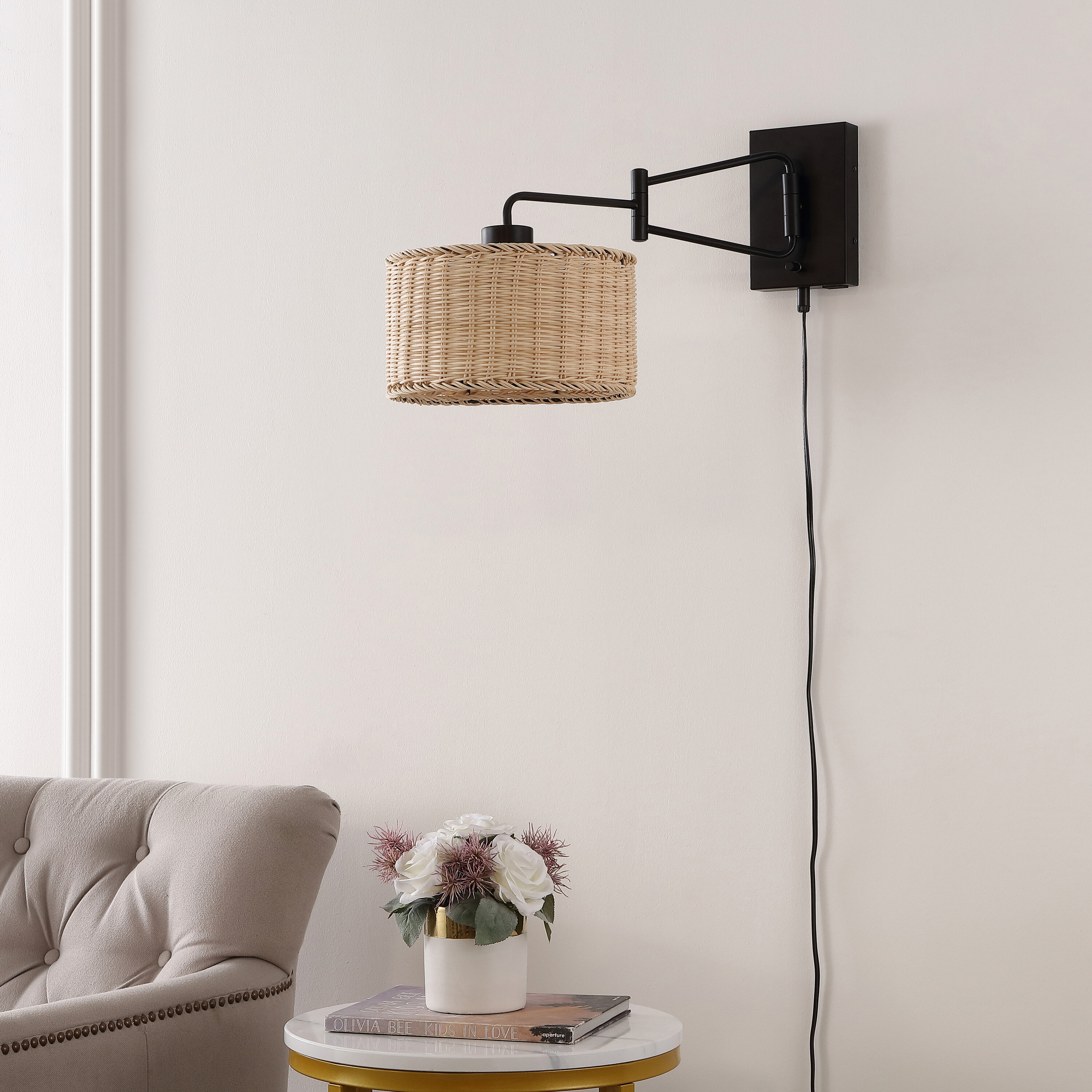 Black Iron Wall Sconce with Natural Rattan Shade, Set of 2