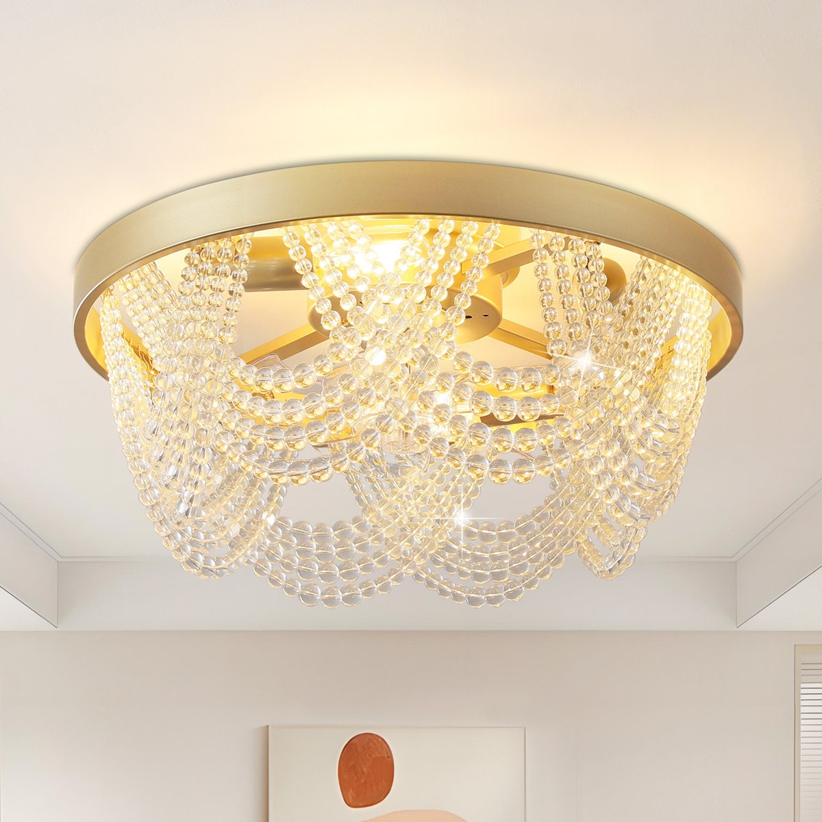 KAISITE 8018CF-04CR-CS 20 in. Indoor Crystal Enclosed Fandelier Boho Gold Ceiling Fan with Light and Remote Control 6-Speed Reversible Motor