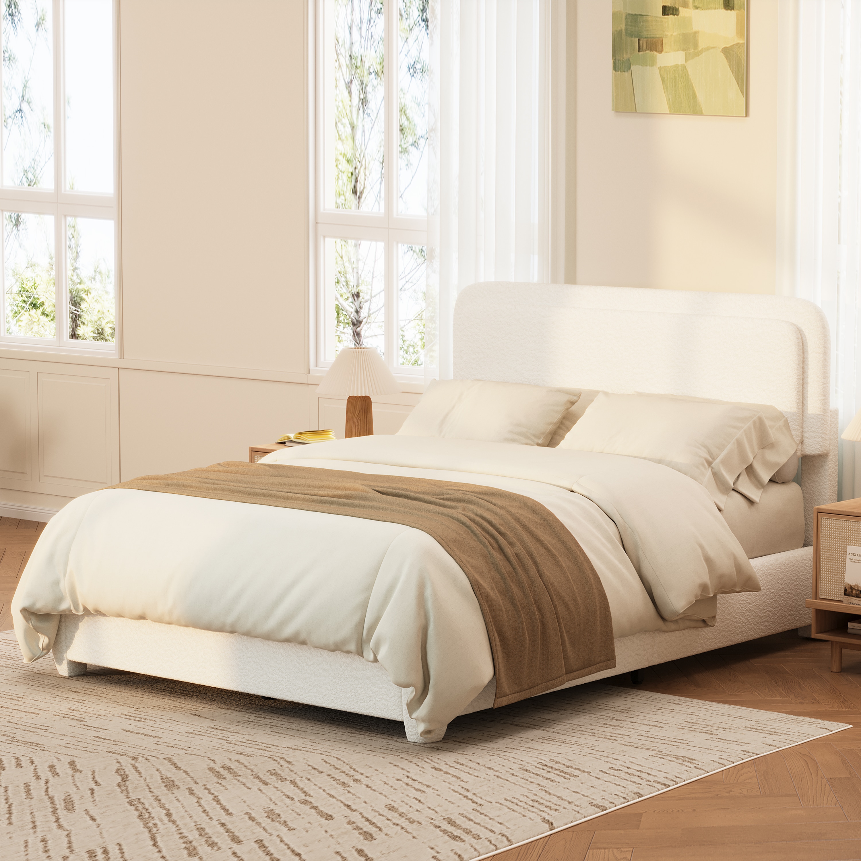 KTMBDW - Full Upholstered Platform Bed Frame with Adjustable Headboard - Boucle Fabric Low Profil...