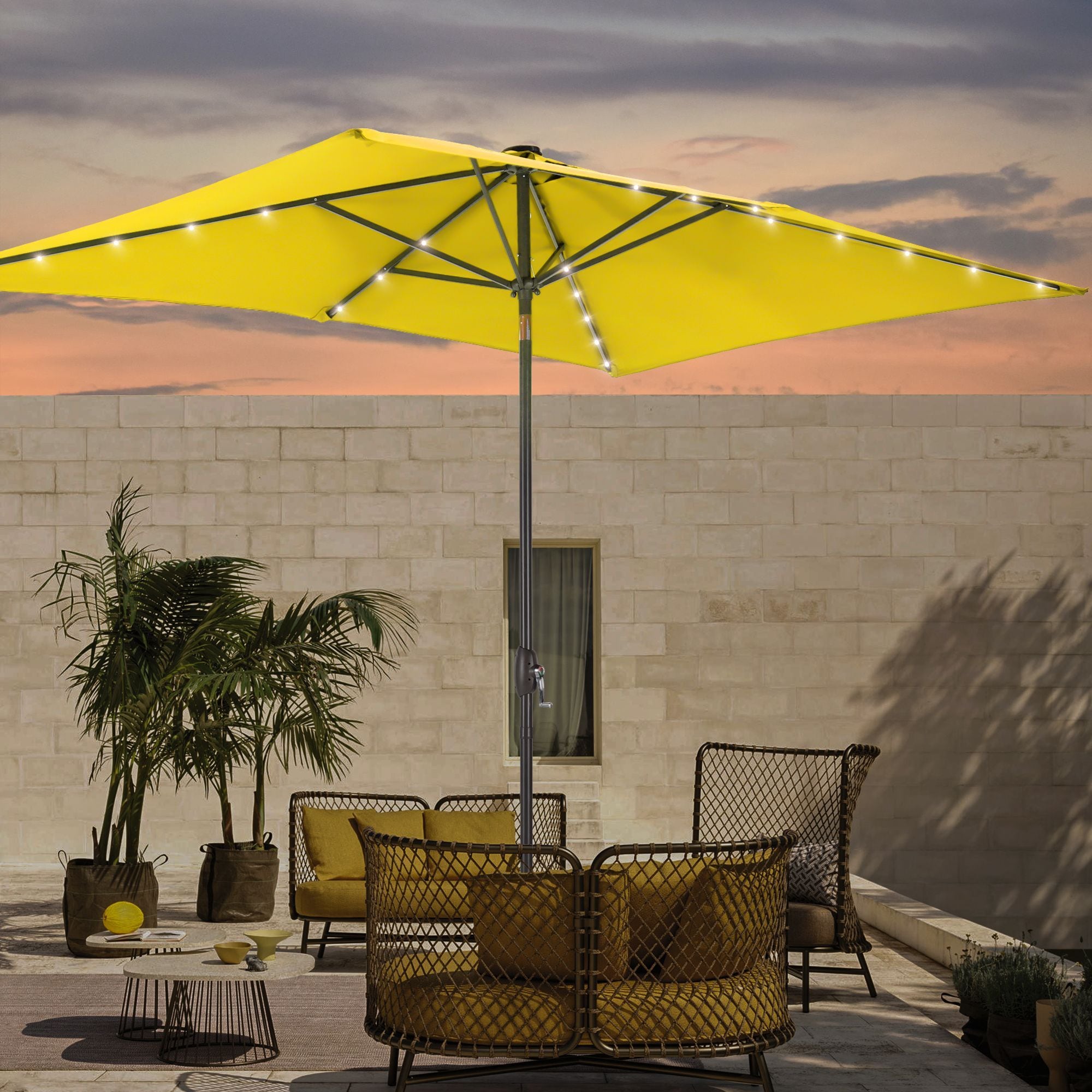 Sonkuki SD-S103YW-LED 9-Feet Steel Yellow Push-button Tilt Market Patio Umbrella with Lights and