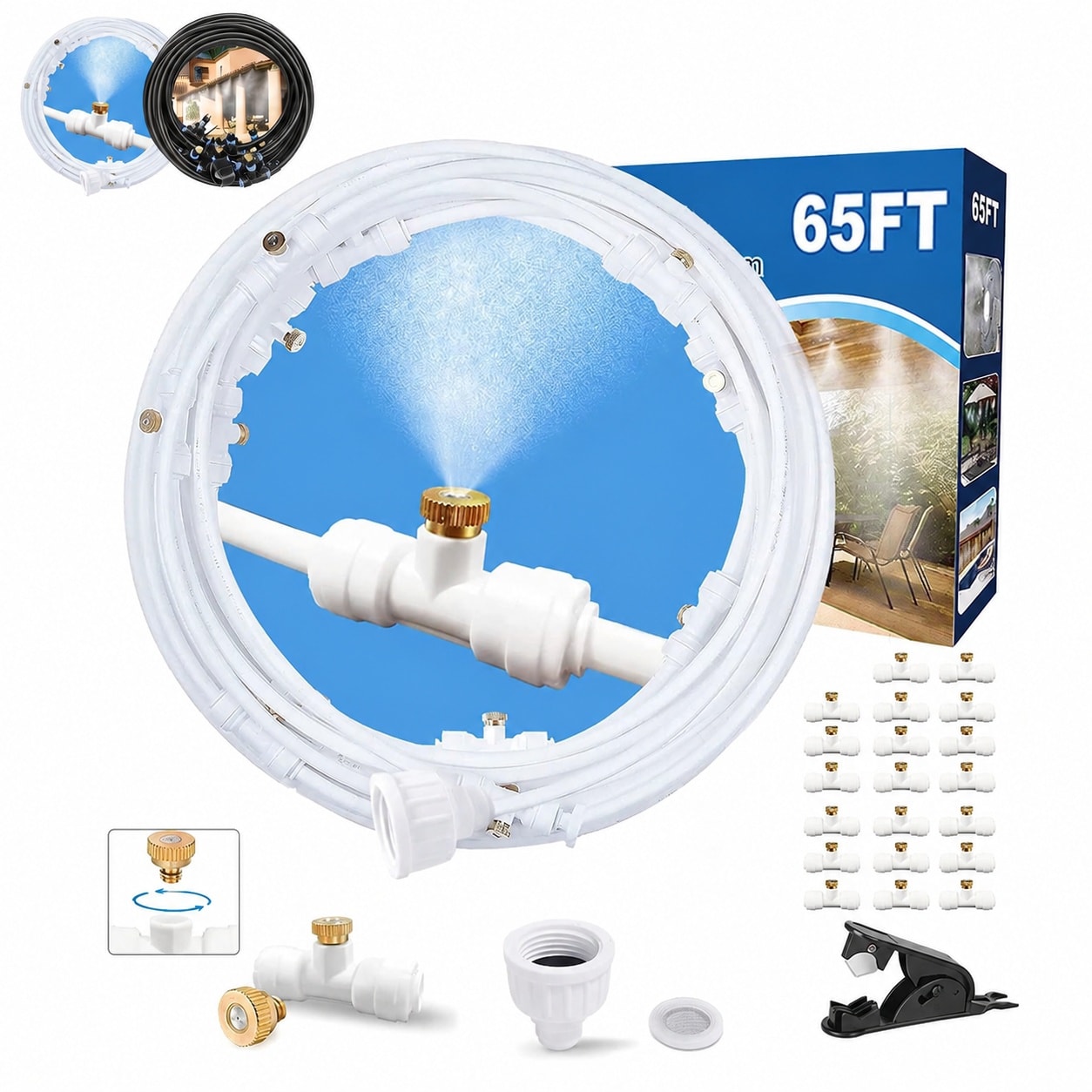 Afoxsos  Outdoor Misting System 65 Foot White Patio Cooling Kit with Brass Fittings and Quick Connect Tubing for Garden Deck Umbrella Canopy