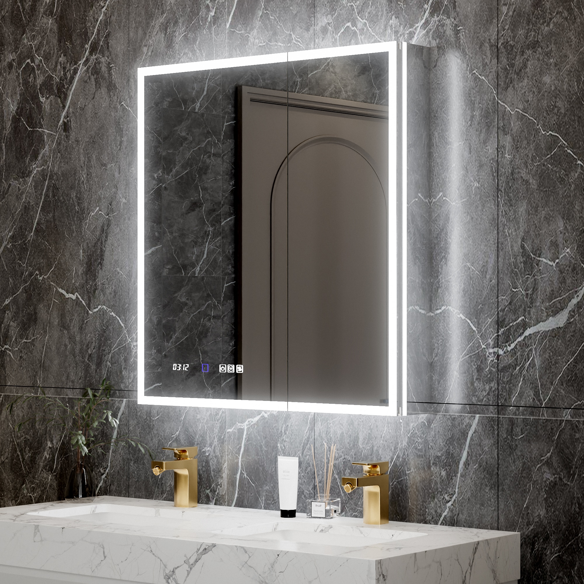 AAZJ JDEX-V12MED3032 V12 LED Medicine Cabinet 30-in x 32-in Lighted LED Fog Free Surface/Recessed Mount Silver Mirrored Rectangle Medicine Cabinet with Outlet