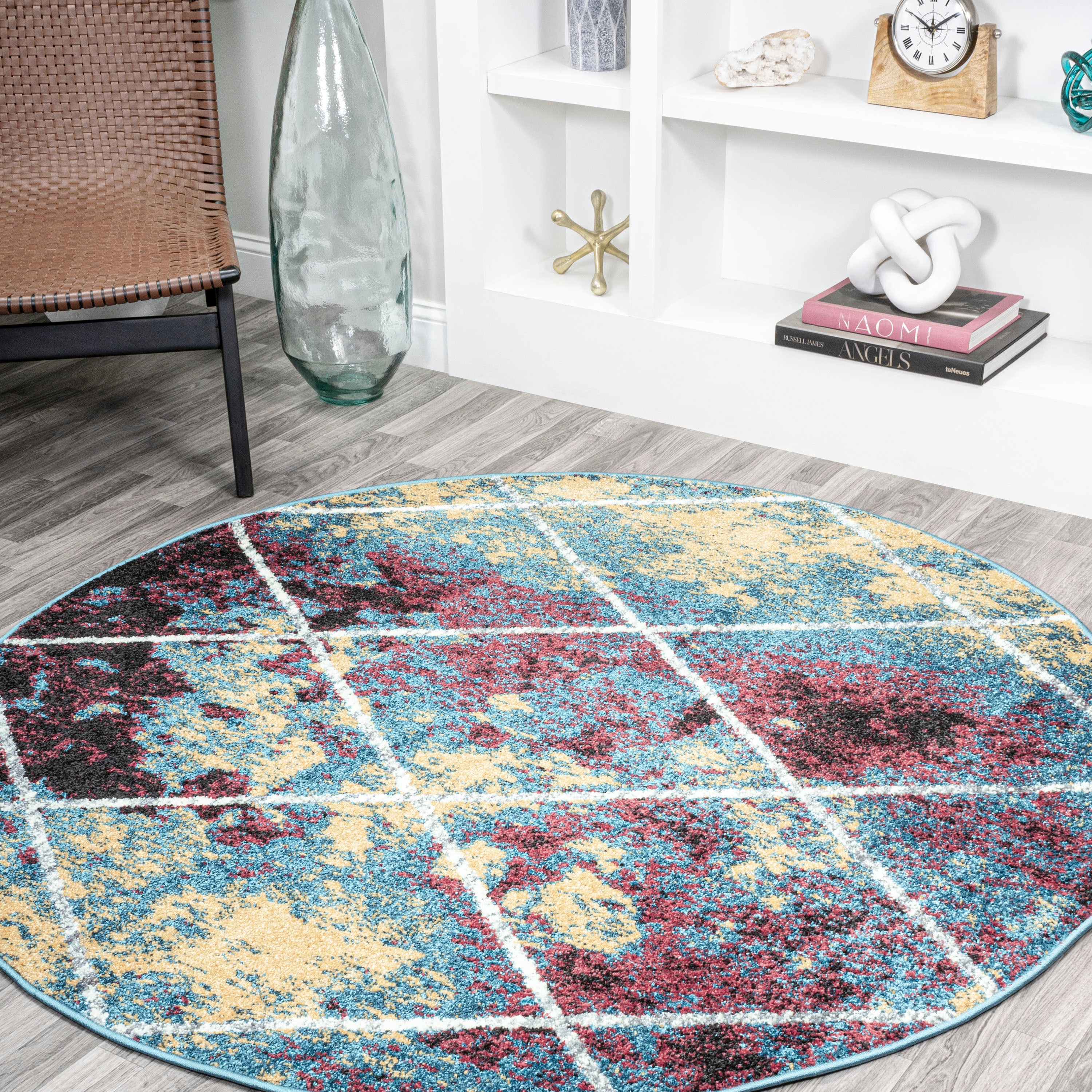 JONATHAN  Y SEU102J-5R SUPERSOFT Cole Minimalist Diamond 5 x 5 (ft) Loomed Polypropylene Multi/White Round Indoor Geometric Bohemian/Eclectic Area rug