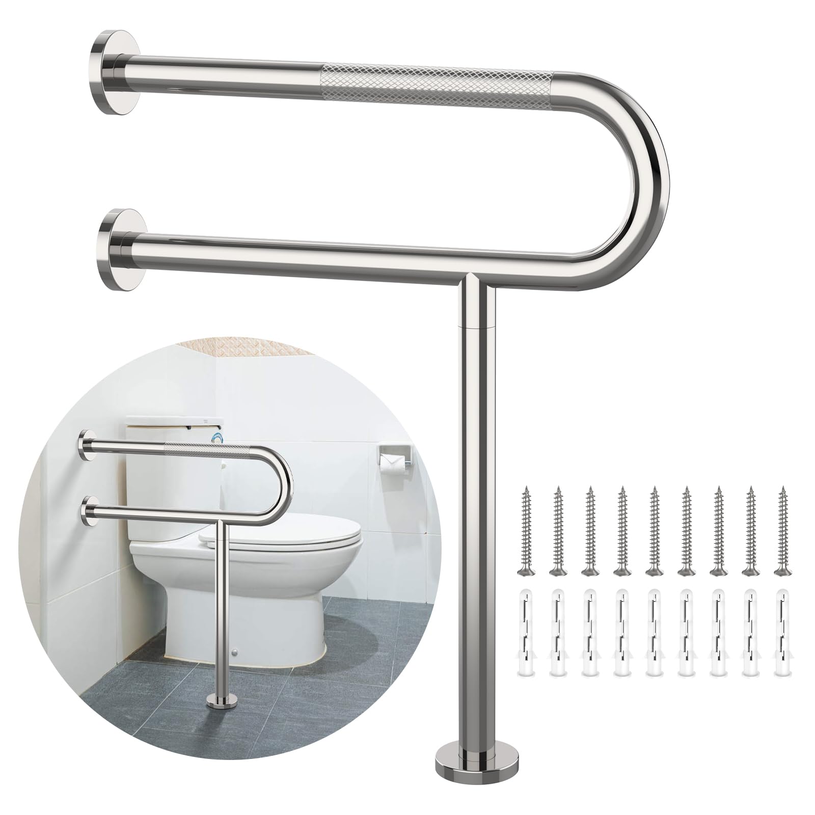 Wudkey Chrome 23.4 Inch Anti-Slip Toilet Support Rail with Floor Leg Stainless Steel Bathroom Grab Bar for Elderly and Disabled Knurled Safety Handrail