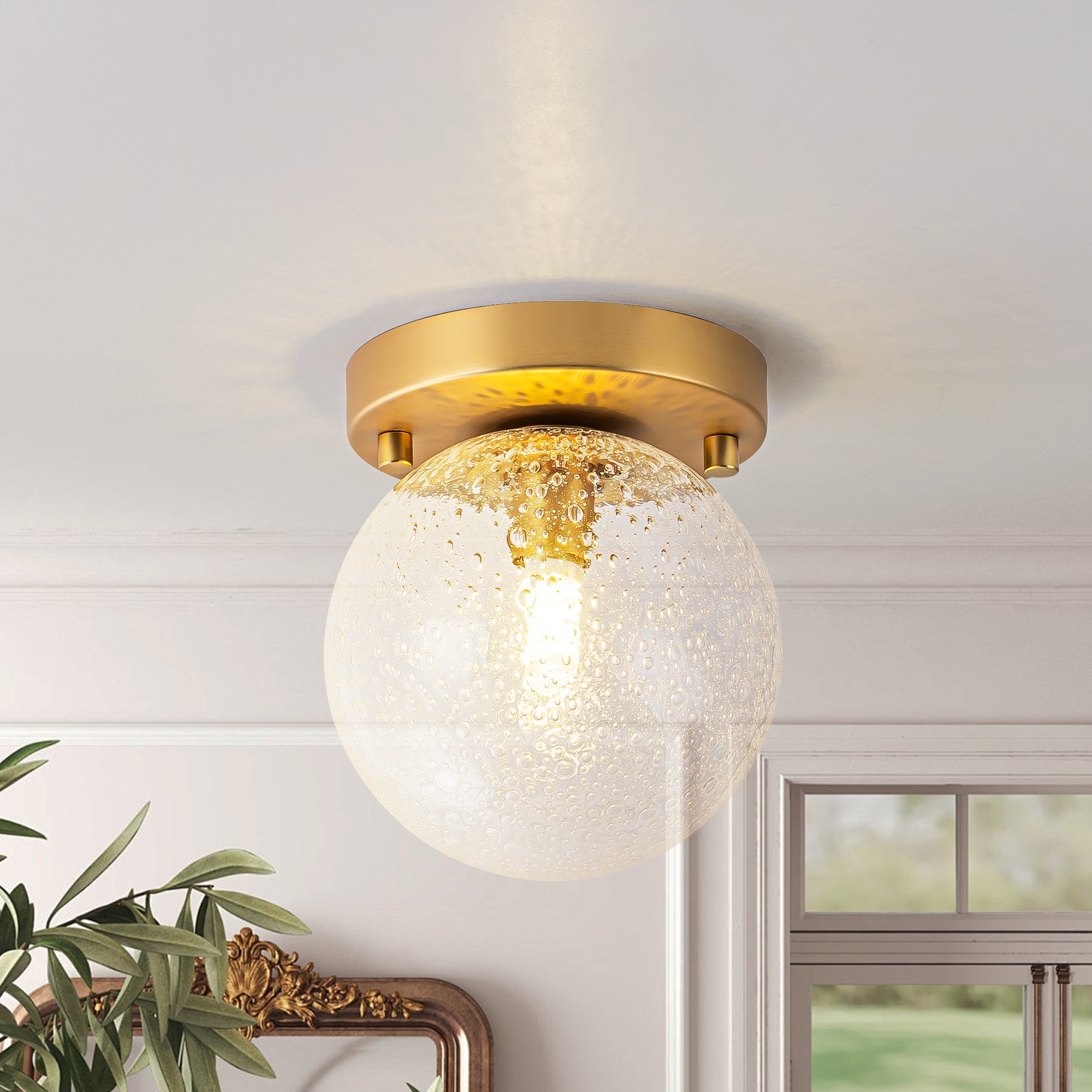 Y'INSP Calhoun 6.4-in Brushed Brass Indoor 1 -Light Flush Mount Light with Seeded Glass