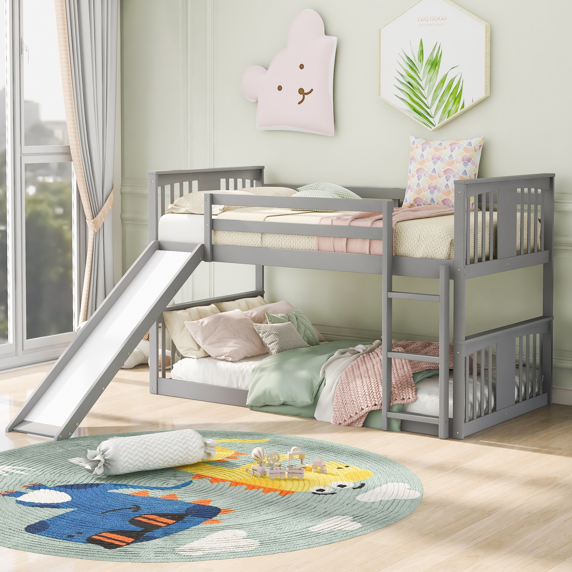 ModernLuxe LT000108AAE Twin Over Twin Bunk Bed with Slide and Ladder Gray