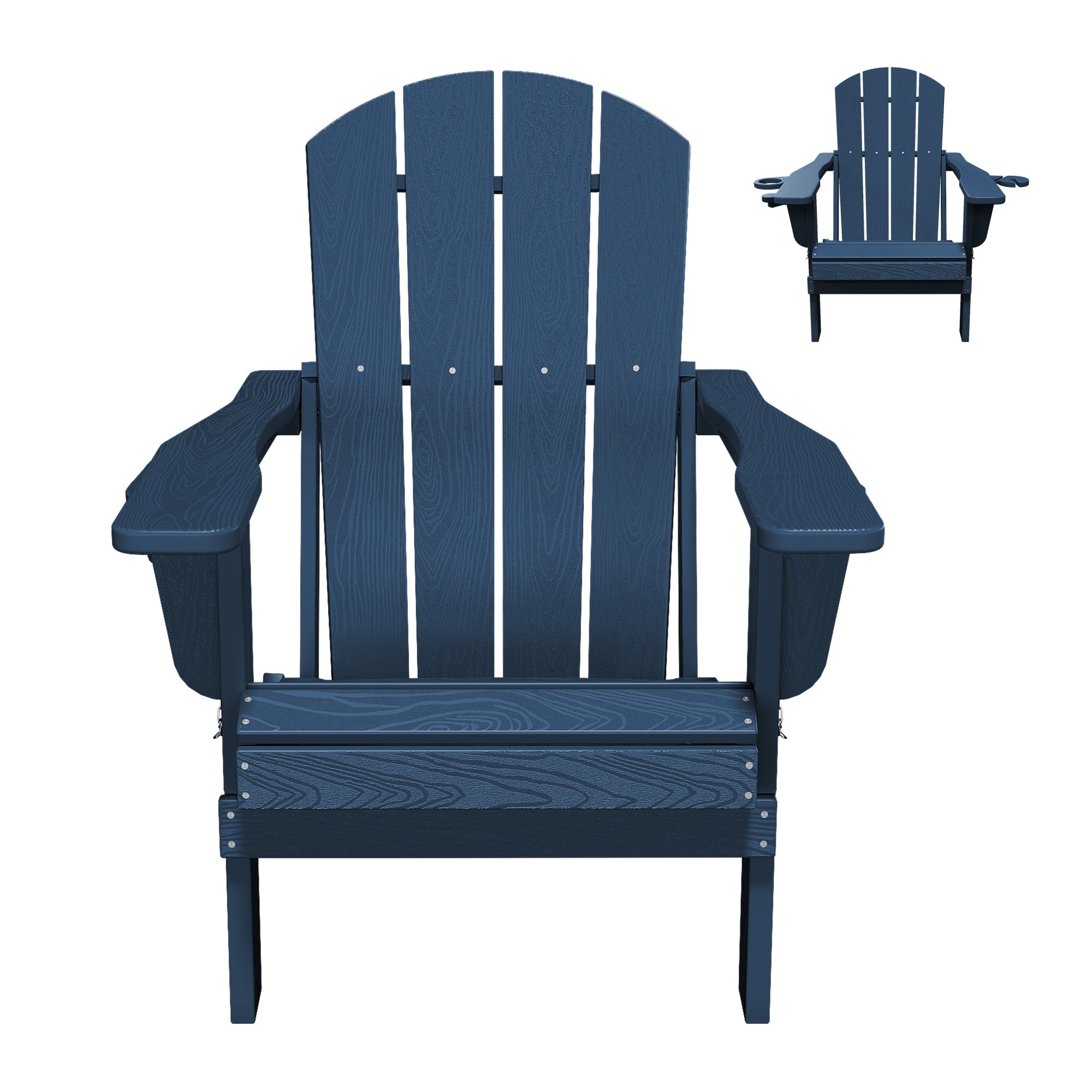 JEAREY ZDY-PE-NY Folding HDPE Plastic Adirondack Chair With Cup Holder Navy Blue HDPE Frame Stationary Adirondack Chair with Slat Seat