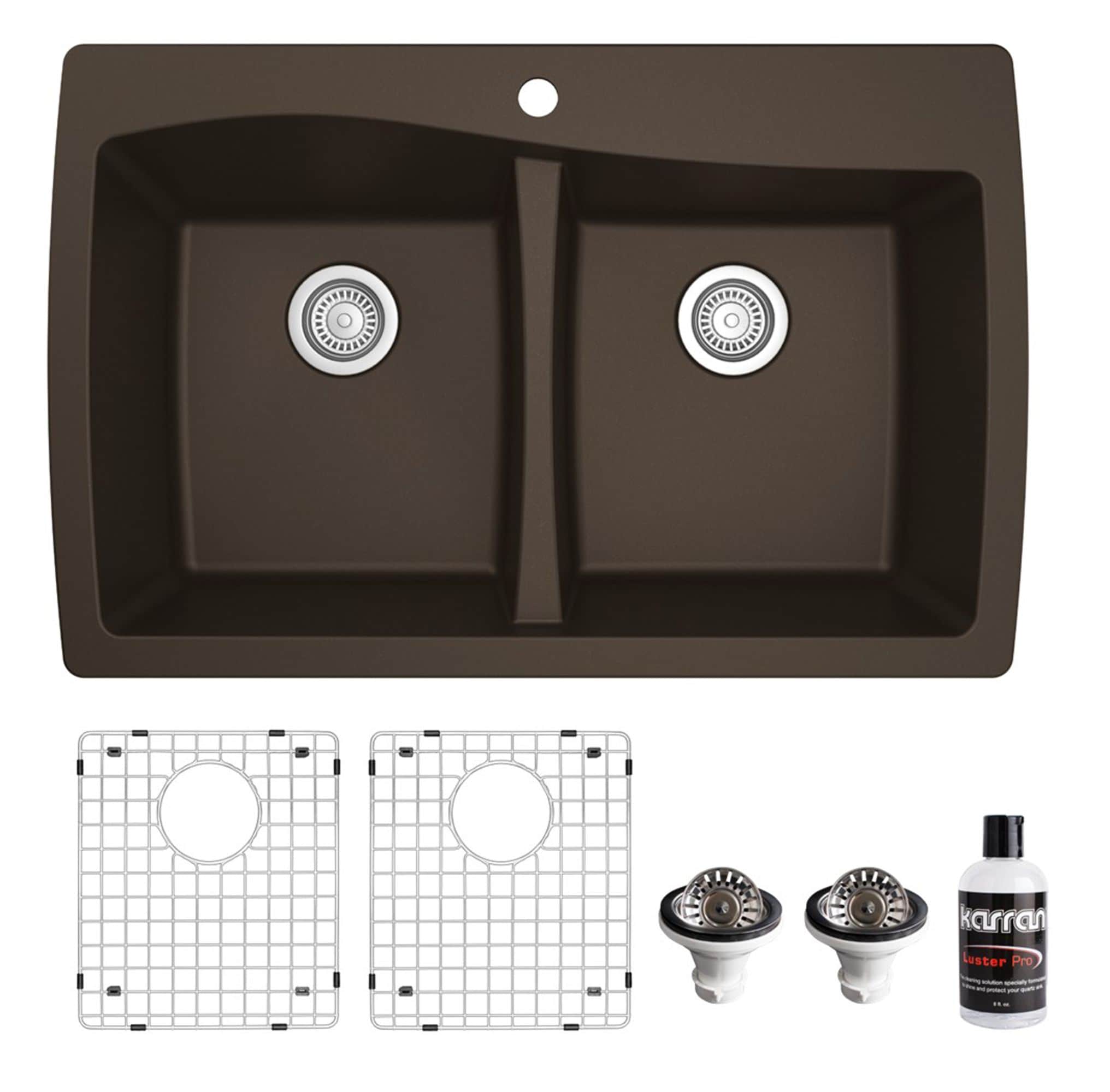 Karran QT-720-BR-PK1 Drop-in 34-Inches x 22-Inches Brown Quartz Double equal bowl 1-Hole Kitchen Sink