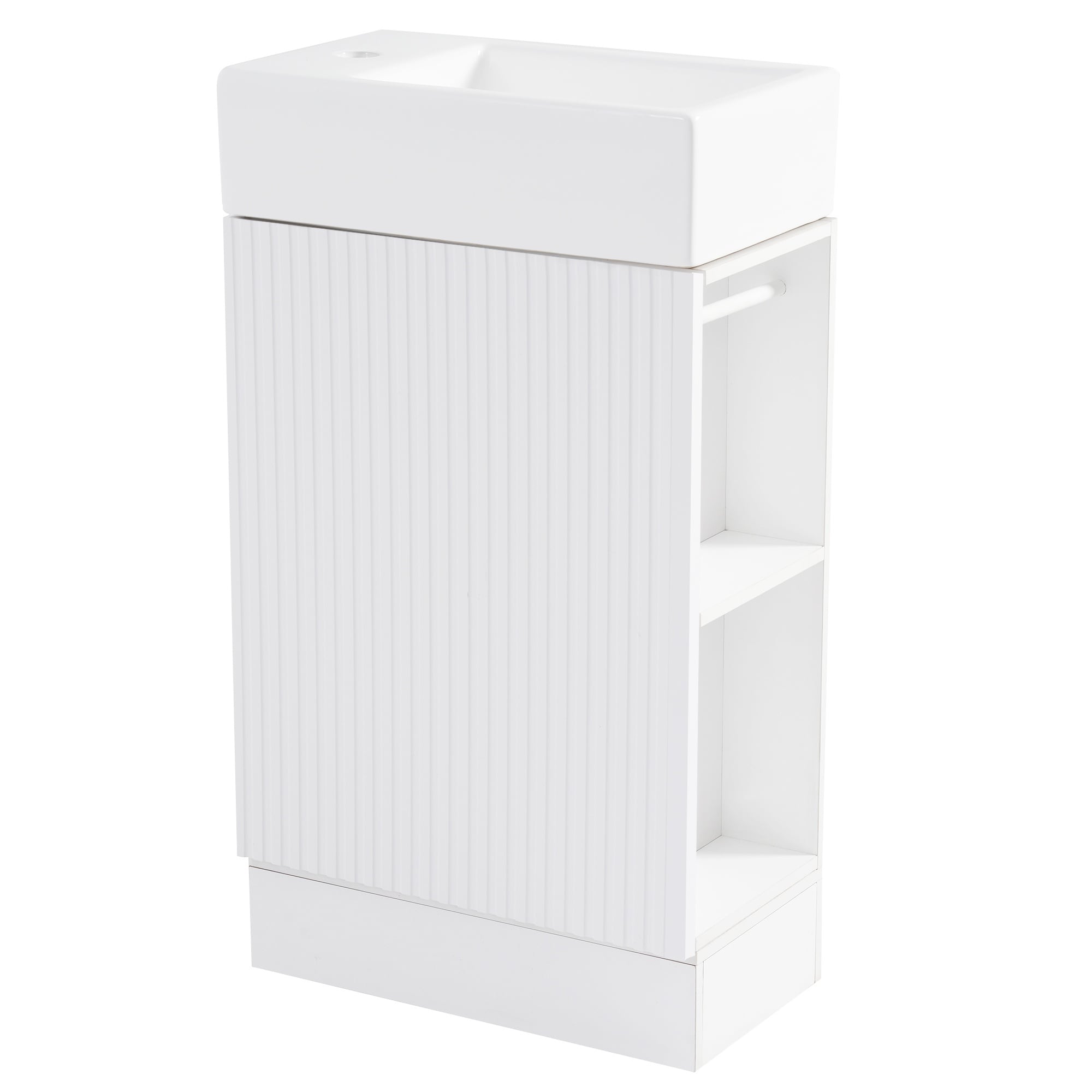 LIVACA 19 inch White MDF Bathroom Vanity with Ceramic Sink and Two-Tier Shelf with Left or Right Orientation