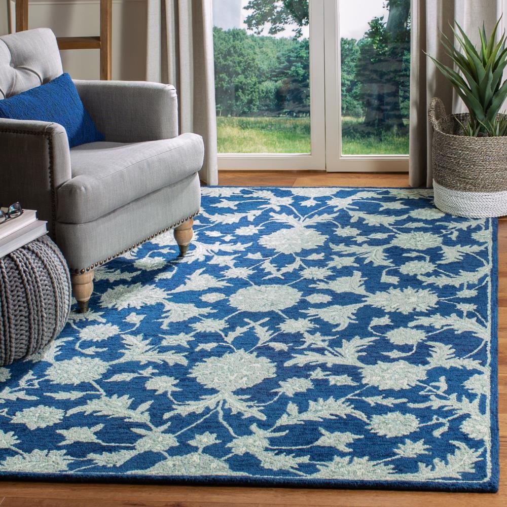 Navy and Grey Hand-Tufted Wool Floral 4' x 6' Rug