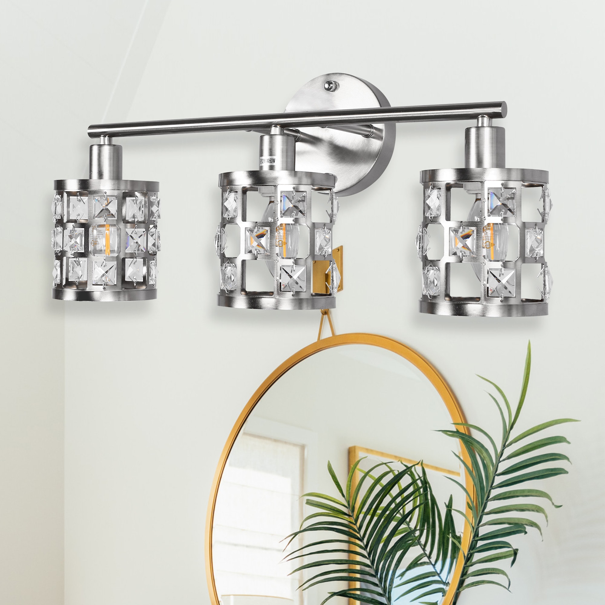 DORESshop 19.9 in 3 Light Brushed Nickel Vanity Lights Transitional Crystal Strand Fixture for Hallway Bedroom or EntrywayBulb Base E 12 Bulbs Not Included